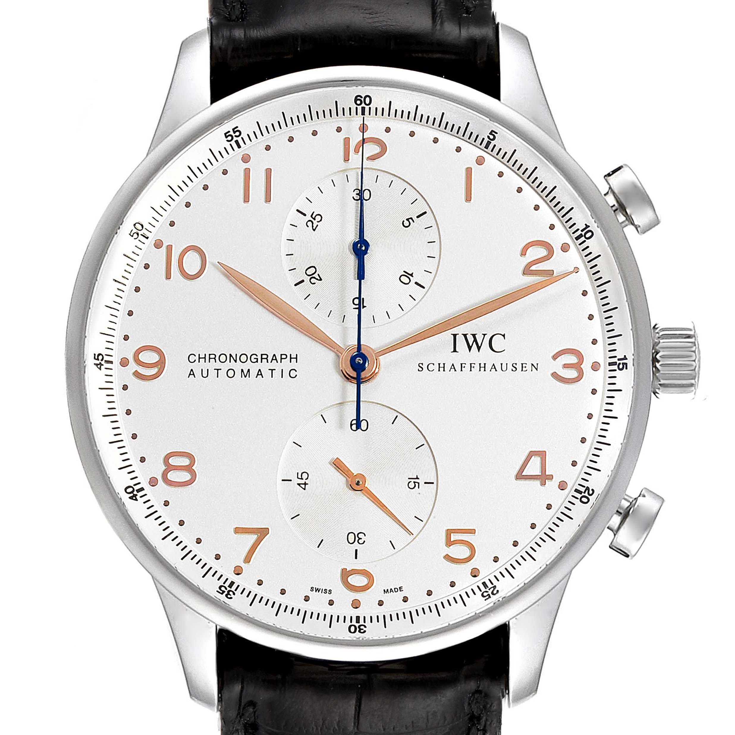 The image shows a front view of the IWC Portuguese IW371401 Men's Stainless Steel Silver Dial IW371401 Men's Stainless Steel Silver Dial Chronograph watch, highlighting its dial, hands, subdials, and crown.