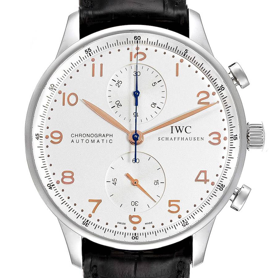 IWC Portuguese Chronograph Silver Dial Steel Mens Watch IW371401 Box Card SwissWatchExpo