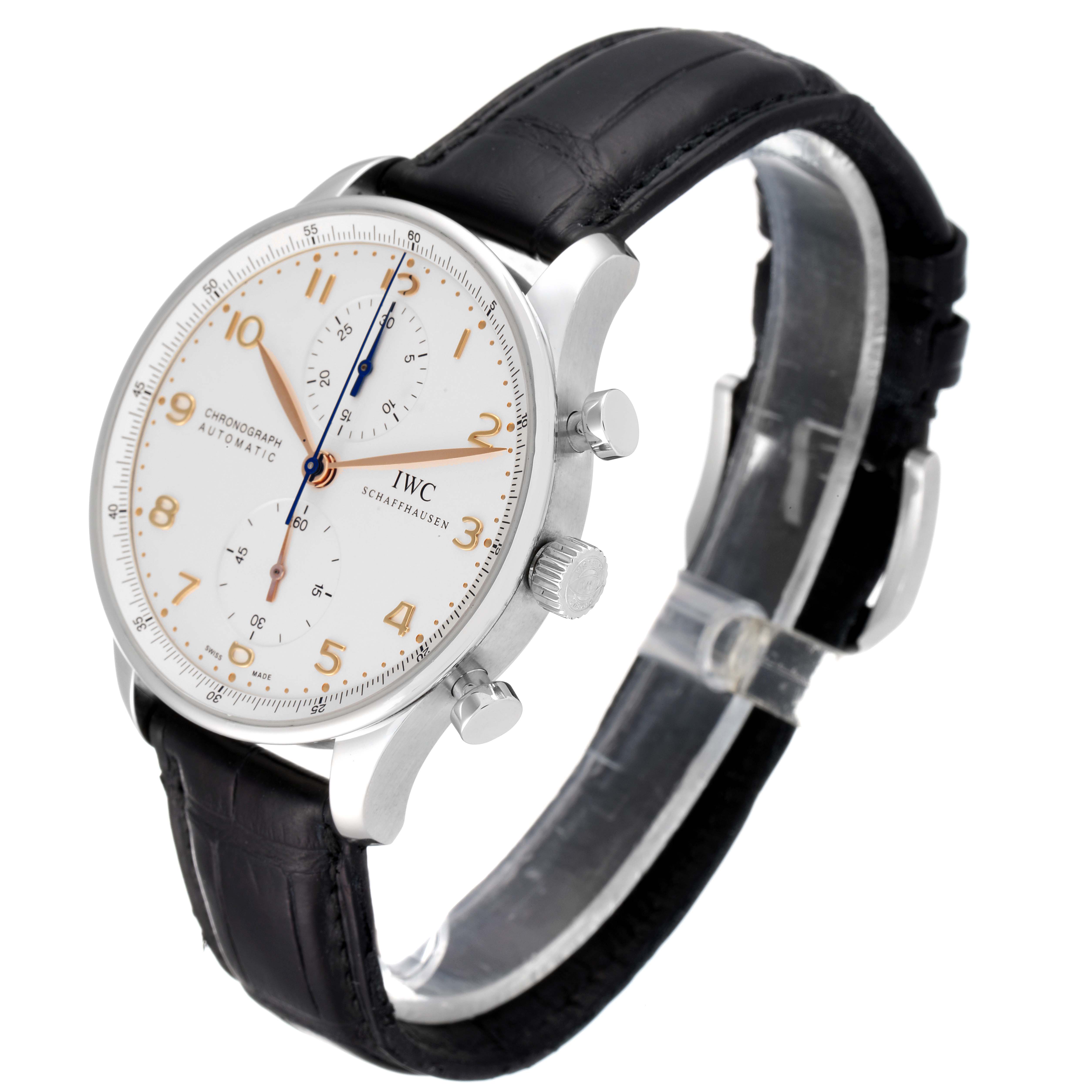 The IWC Portuguese IW371401 Men's Stainless Steel Silver Dial IW371401 Men's Stainless Steel Silver Dial watch is shown at an angle highlighting the face, crown, pushers, and leather strap.