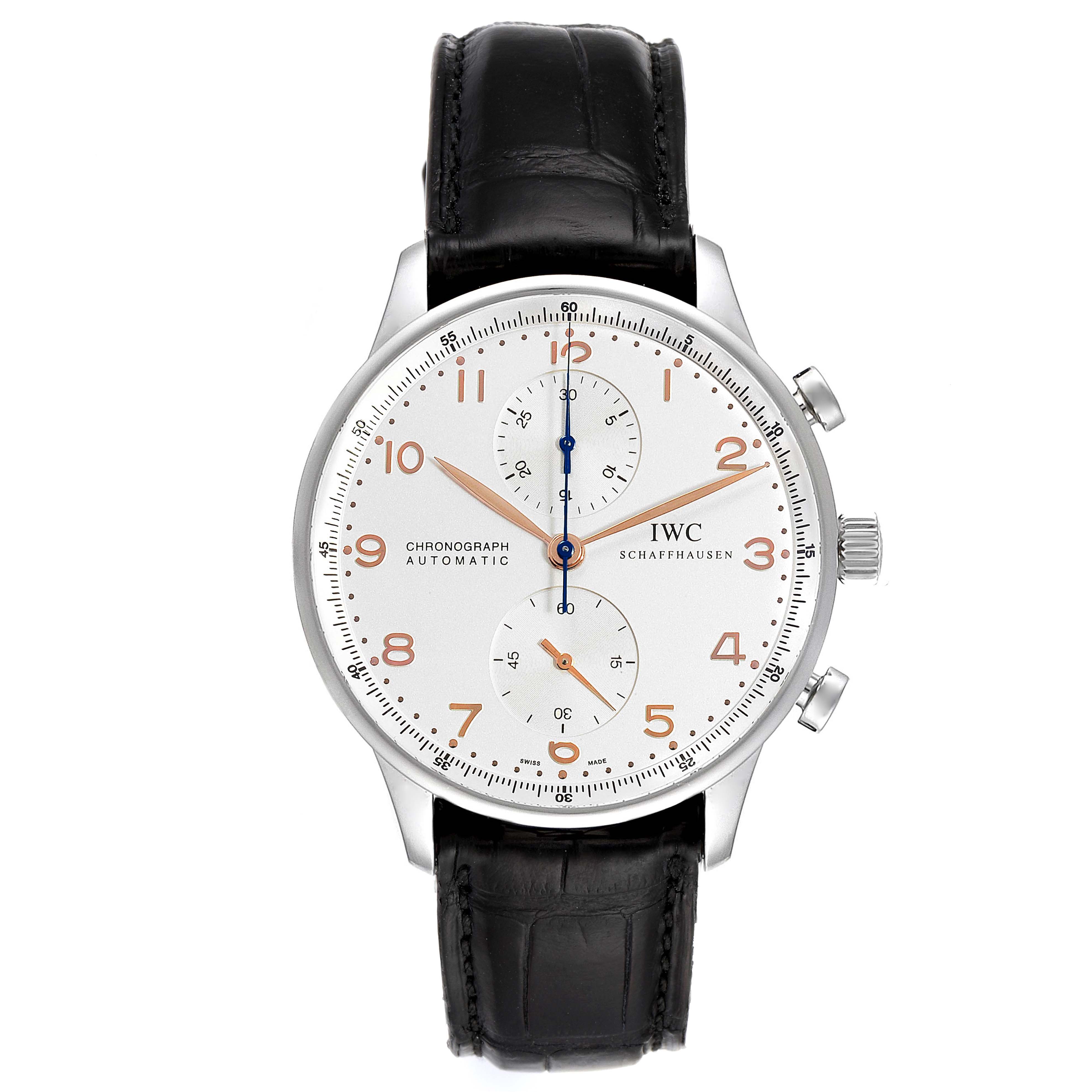 The image shows a front view of the IWC Portuguese IW371401 Men's Stainless Steel Silver Dial IW371401 Men's Stainless Steel Silver Dial model watch, featuring the dial, hands, subdials, and black leather strap.