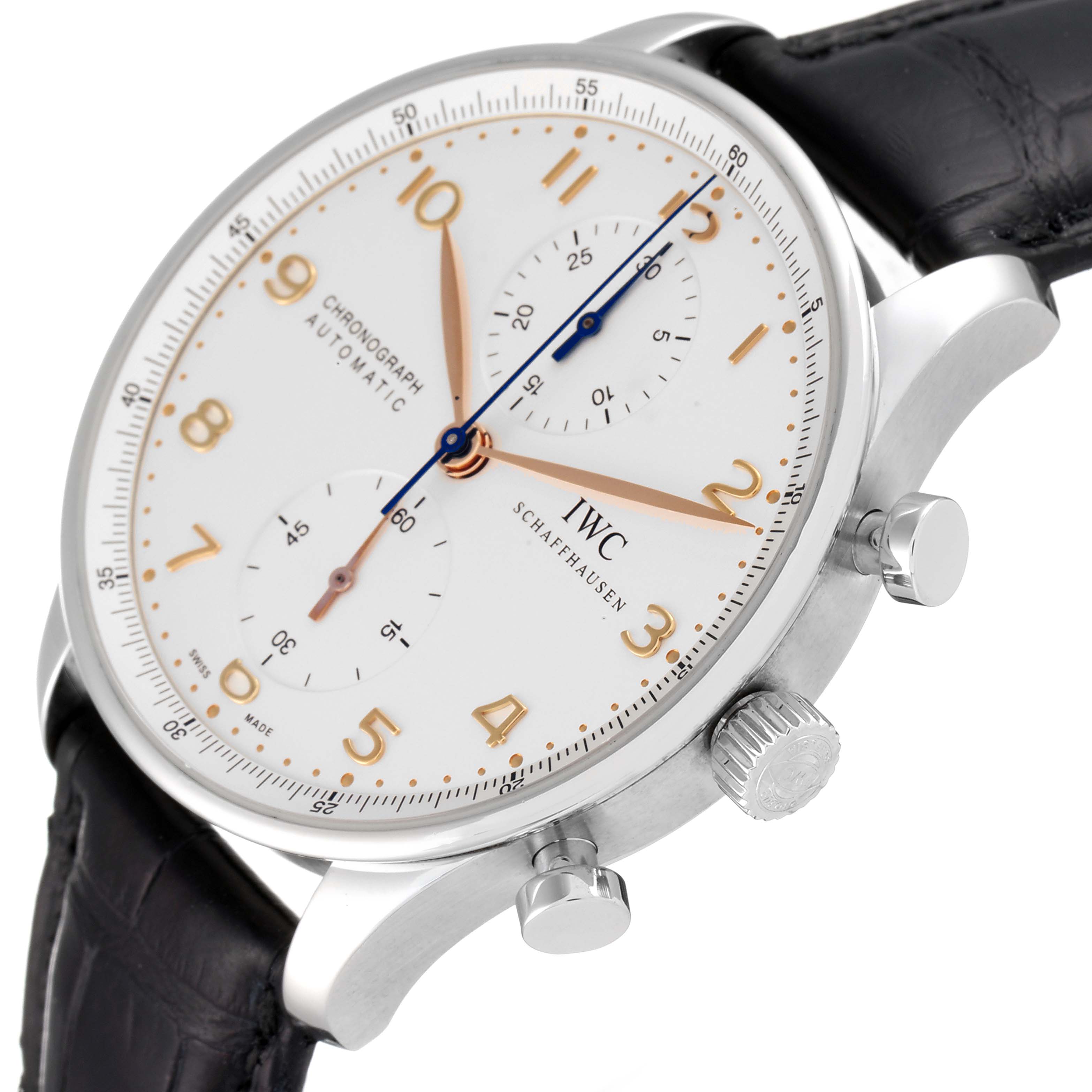 The image shows a close-up of the dial and crown of an IWC Portuguese IW371401 Men's Stainless Steel Silver Dial IW371401 Men's Stainless Steel Silver Dial chronograph watch.