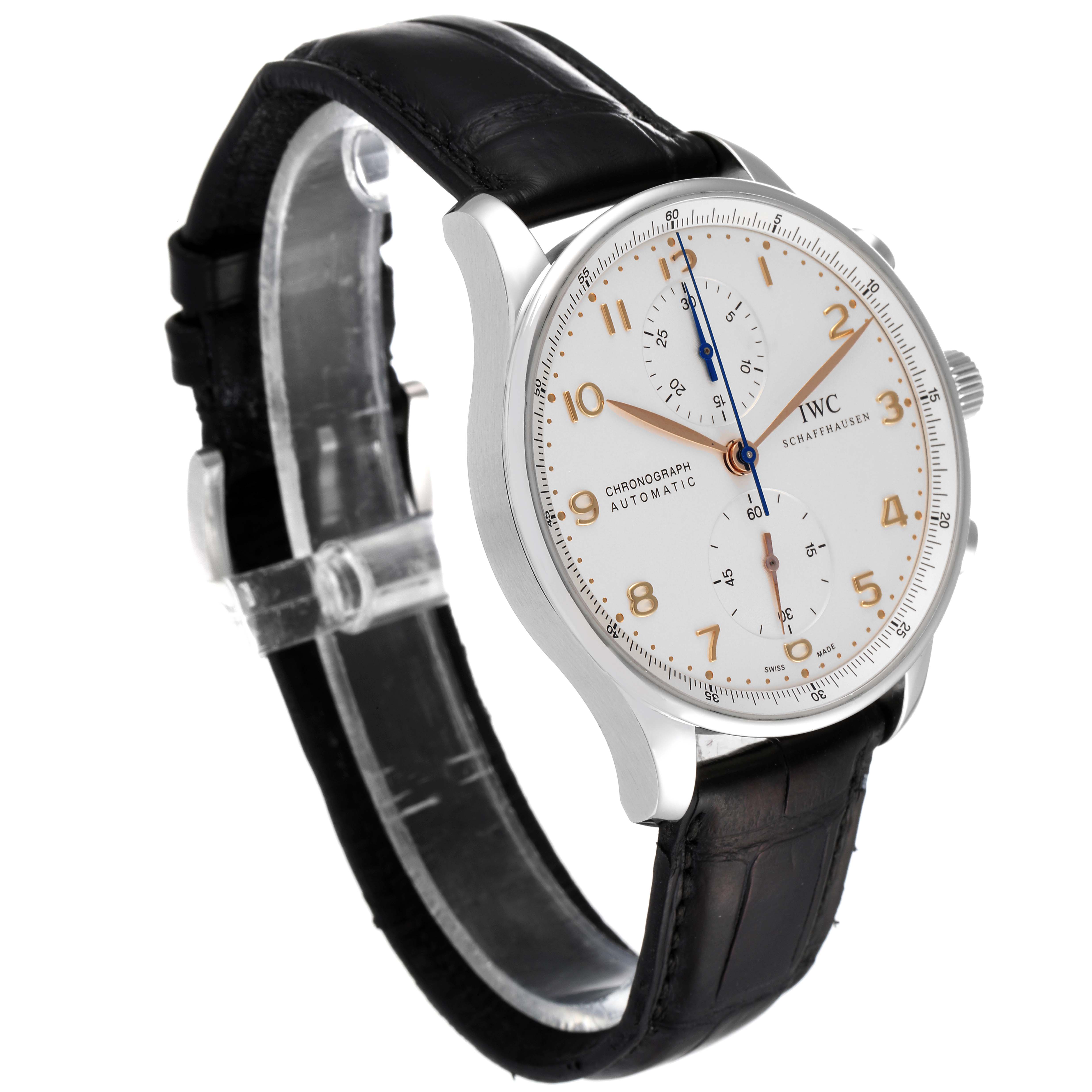 This image shows an IWC Portuguese IW371401 Men's Stainless Steel Silver Dial IW371401 Men's Stainless Steel Silver Dial Chronograph watch angled from the front-left, highlighting its dial, case, and leather strap.