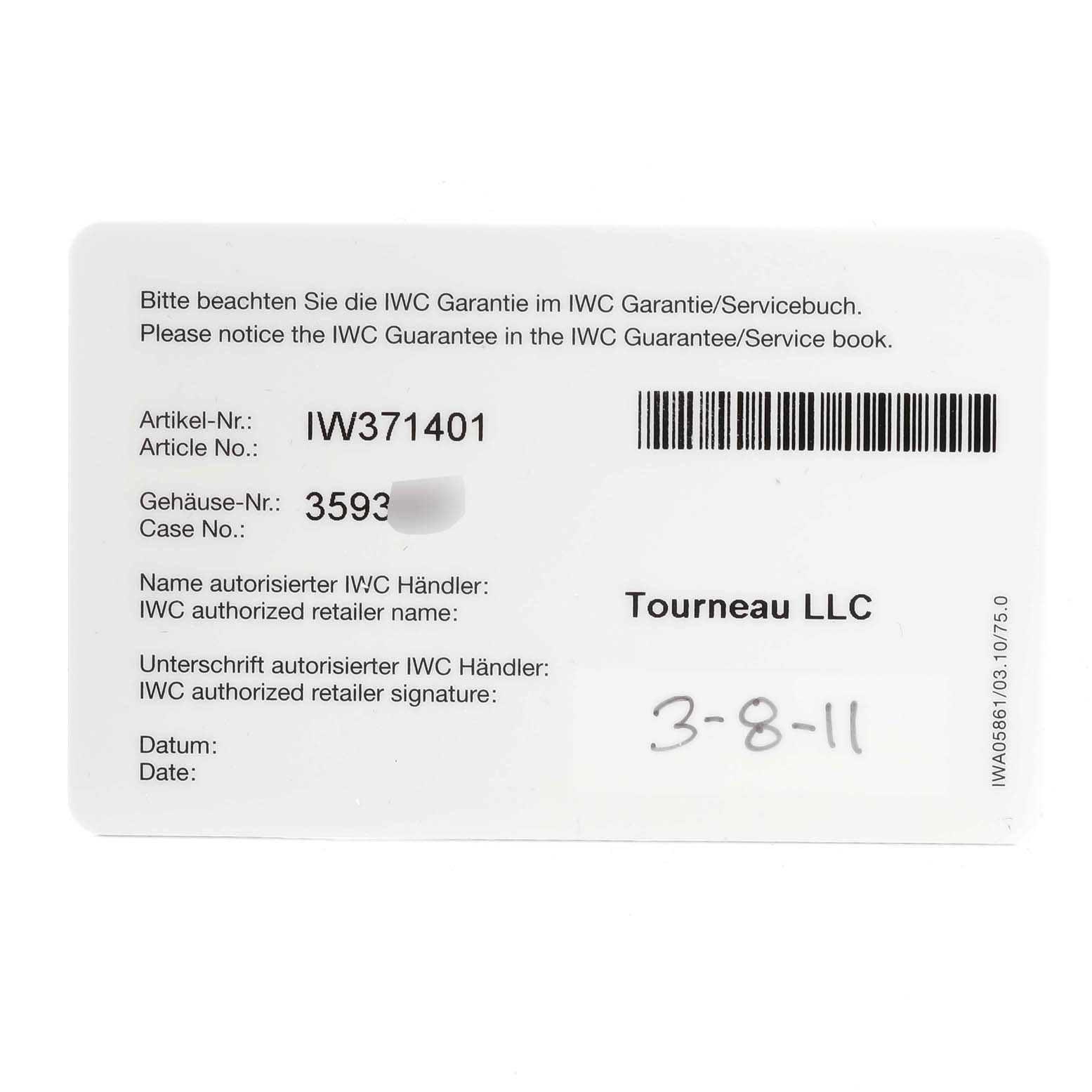 This is an IWC Portuguese IW371401 Men's Stainless Steel Silver Dial IW371401 Men's Stainless Steel Silver Dial model guarantee/service card showing the article number, case number, retailer name, and purchase date.