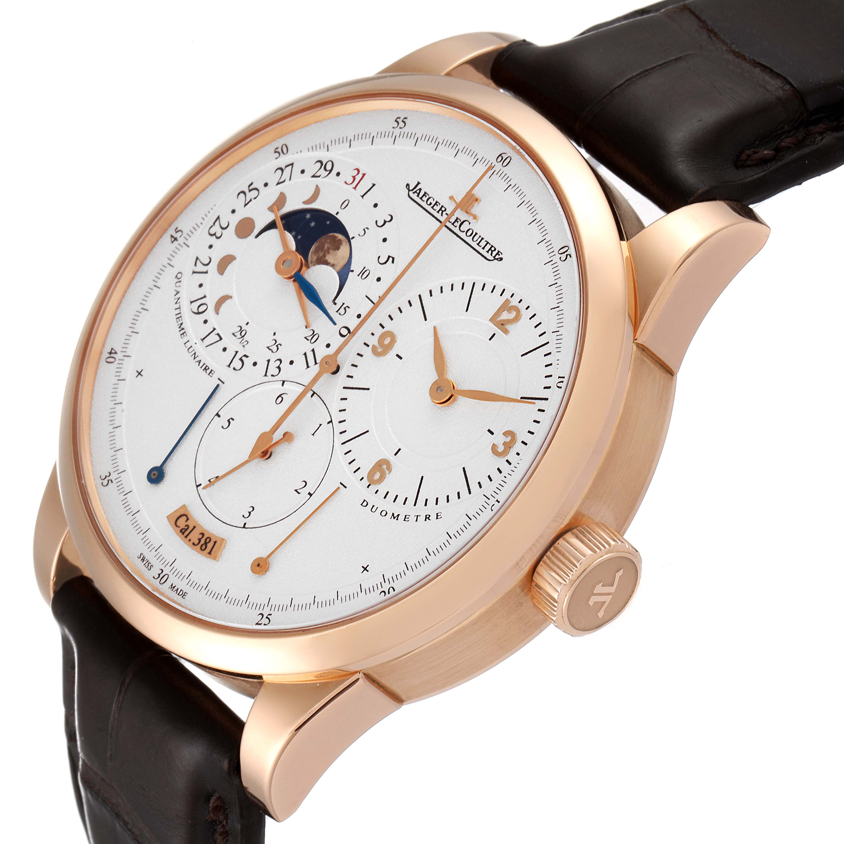 This image shows a Jaeger LeCoultre Duometre Q6042421 Men's Rose Gold Silver Dial Q6042421 Men's Rose Gold Silver Dial watch from an angled side view, displaying the face, dial, moon phase, and crown.
