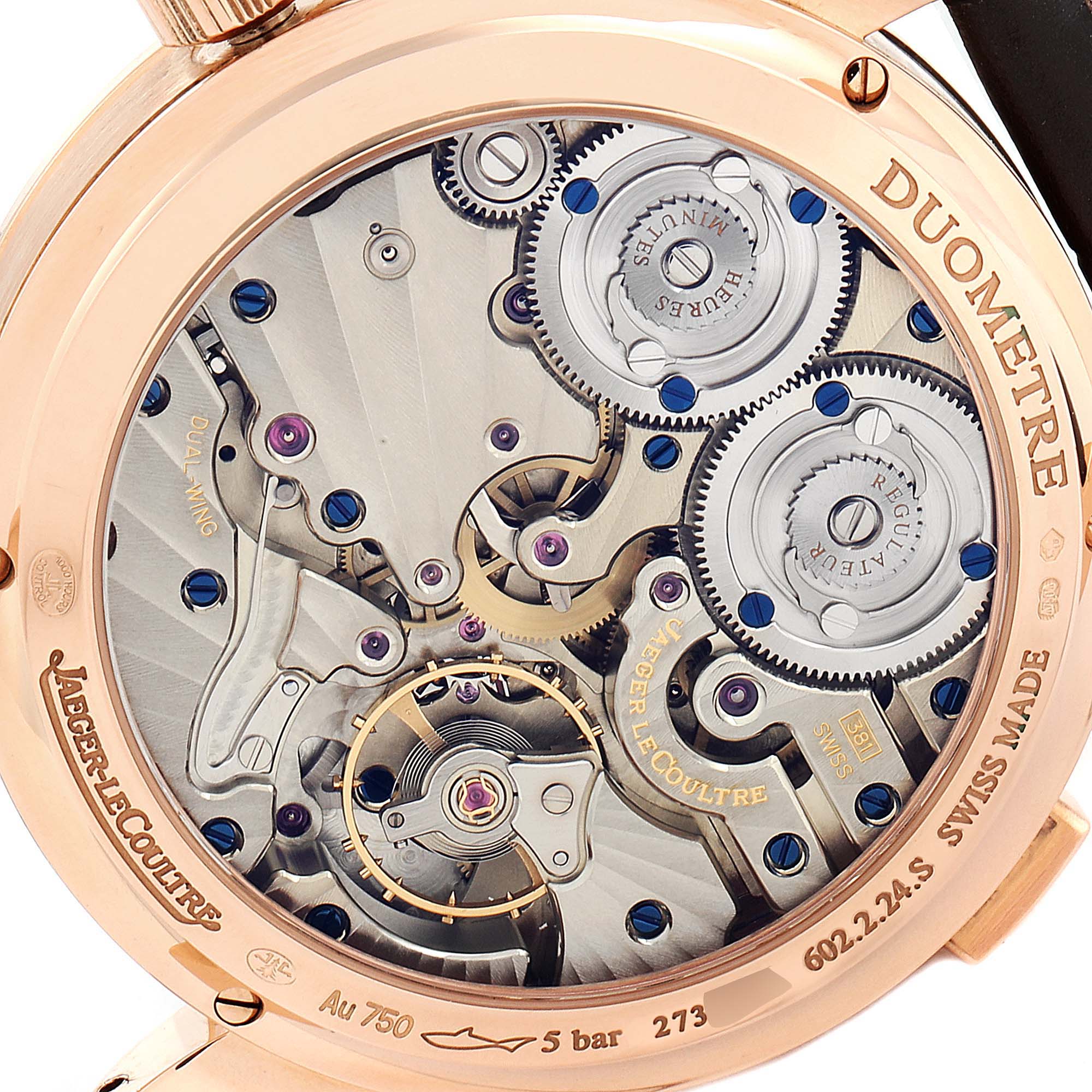 The image shows the intricate movement and mechanical parts from the back of the Jaeger LeCoultre Duometre Q6042421 Men's Rose Gold Silver Dial Q6042421 Men's Rose Gold Silver Dial watch.