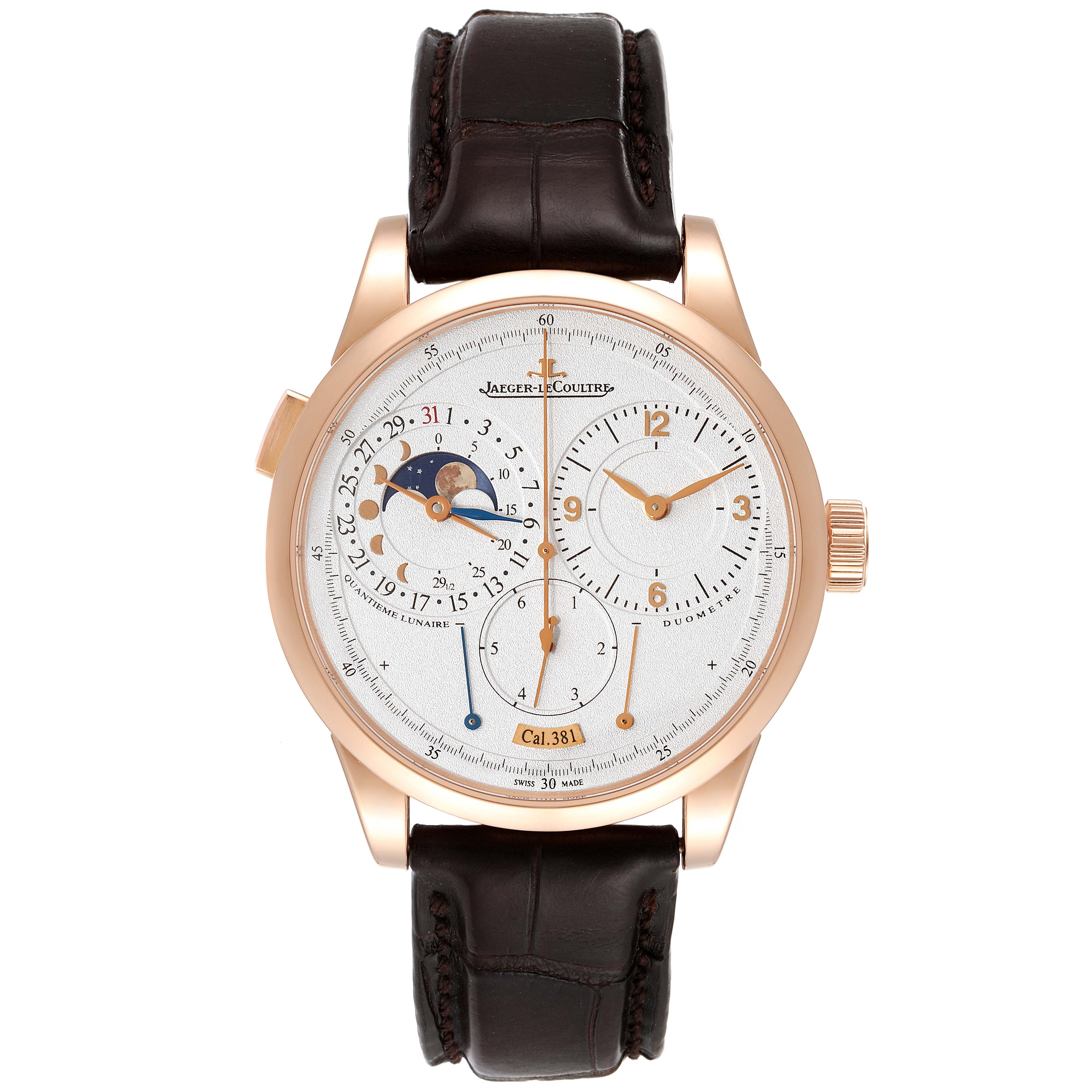 This Jaeger LeCoultre Duometre Q6042421 Men's Rose Gold Silver Dial Q6042421 Men's Rose Gold Silver Dial watch is shown from a front angle, displaying the dial, hands, sub-dials, and leather strap.