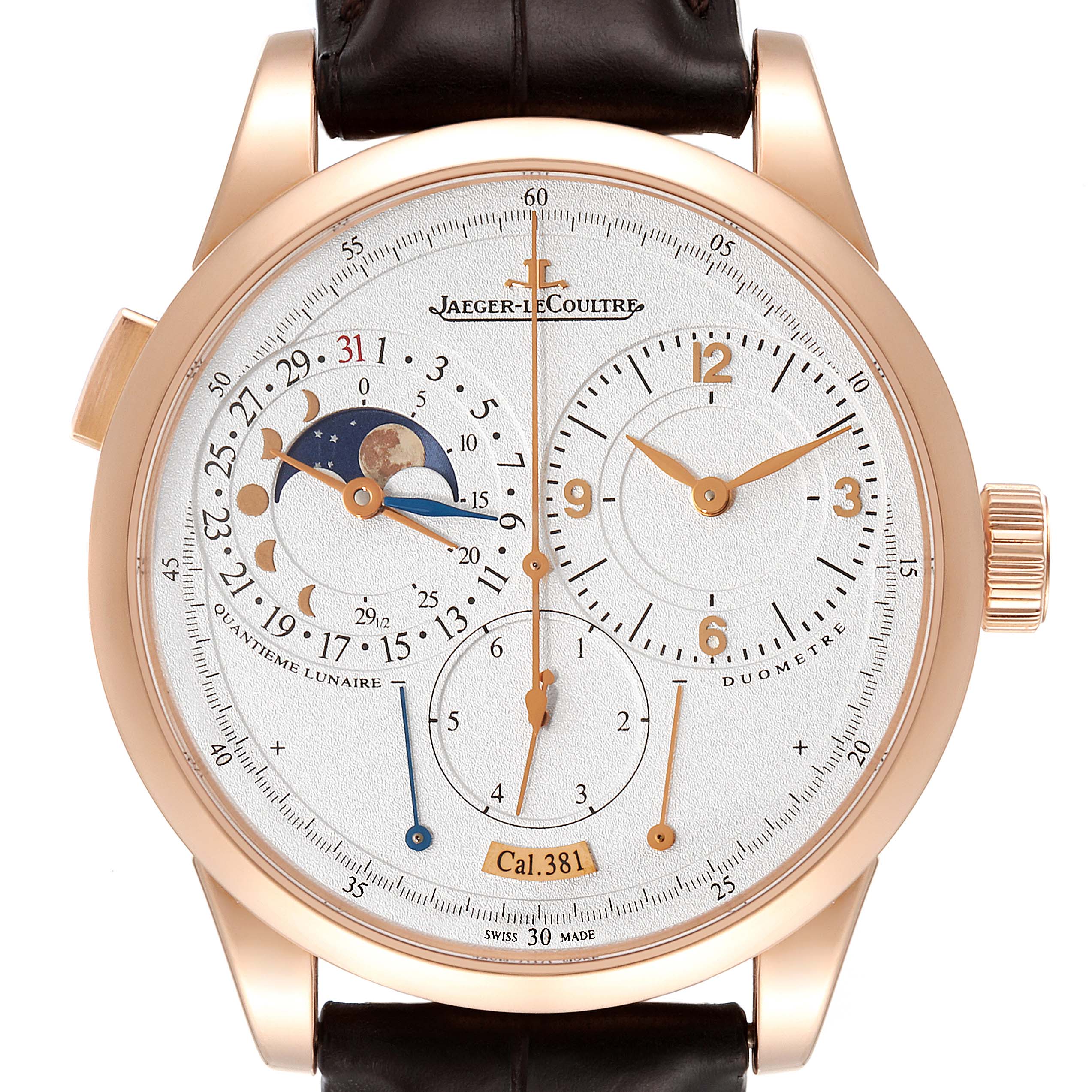 The image shows a front view of the Duometre model by Jaeger LeCoultre, highlighting its intricate dial and features.