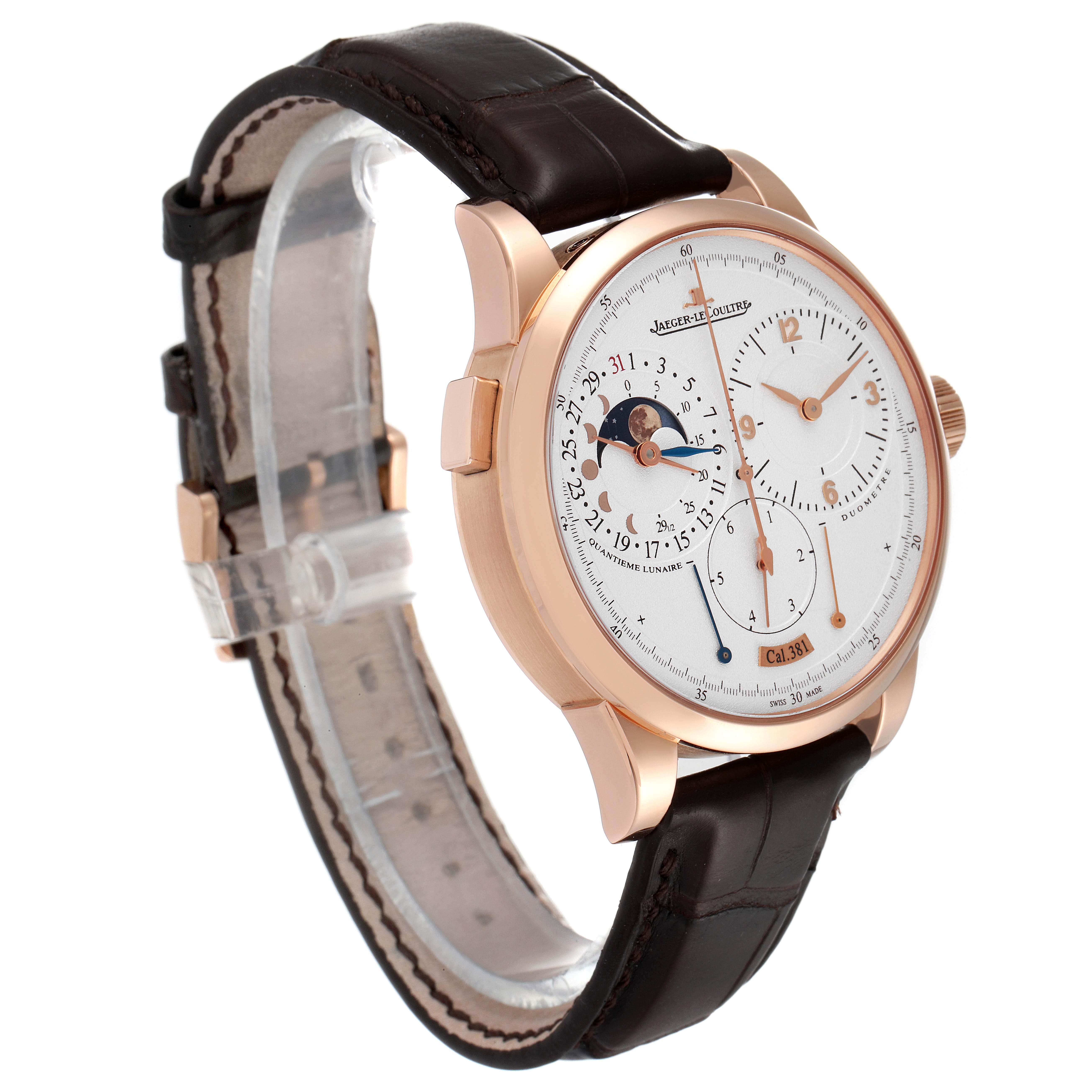 The image shows the Jaeger LeCoultre Duometre Q6042421 Men's Rose Gold Silver Dial Q6042421 Men's Rose Gold Silver Dial's front and side with a detailed view of its dial and strap.