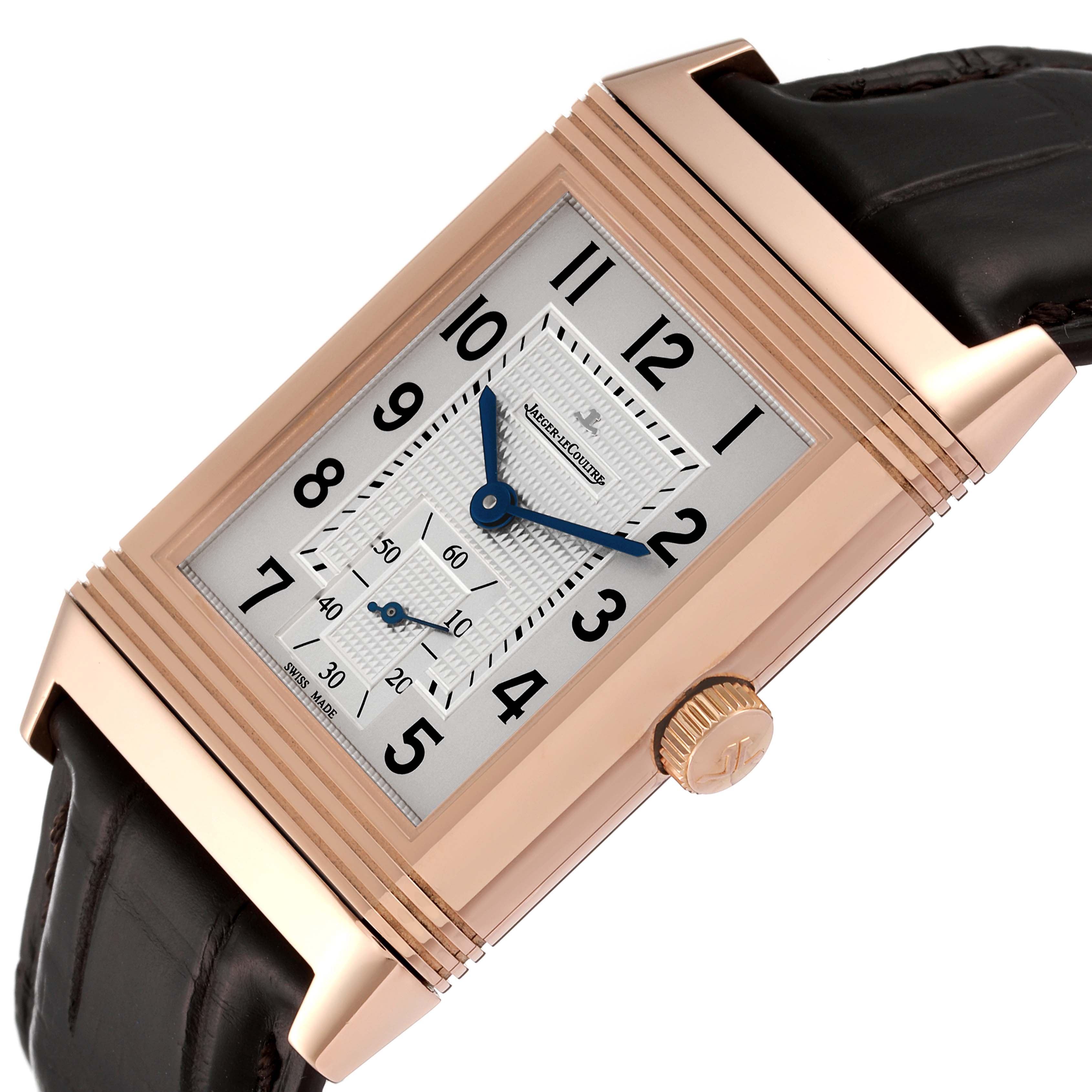 The image shows a Jaeger LeCoultre Reverso Q3732420 Men's Rose Gold Silver Dial Q3732420 Men's Rose Gold Silver Dial watch at an angled view, highlighting the face, crown, and part of the leather strap.