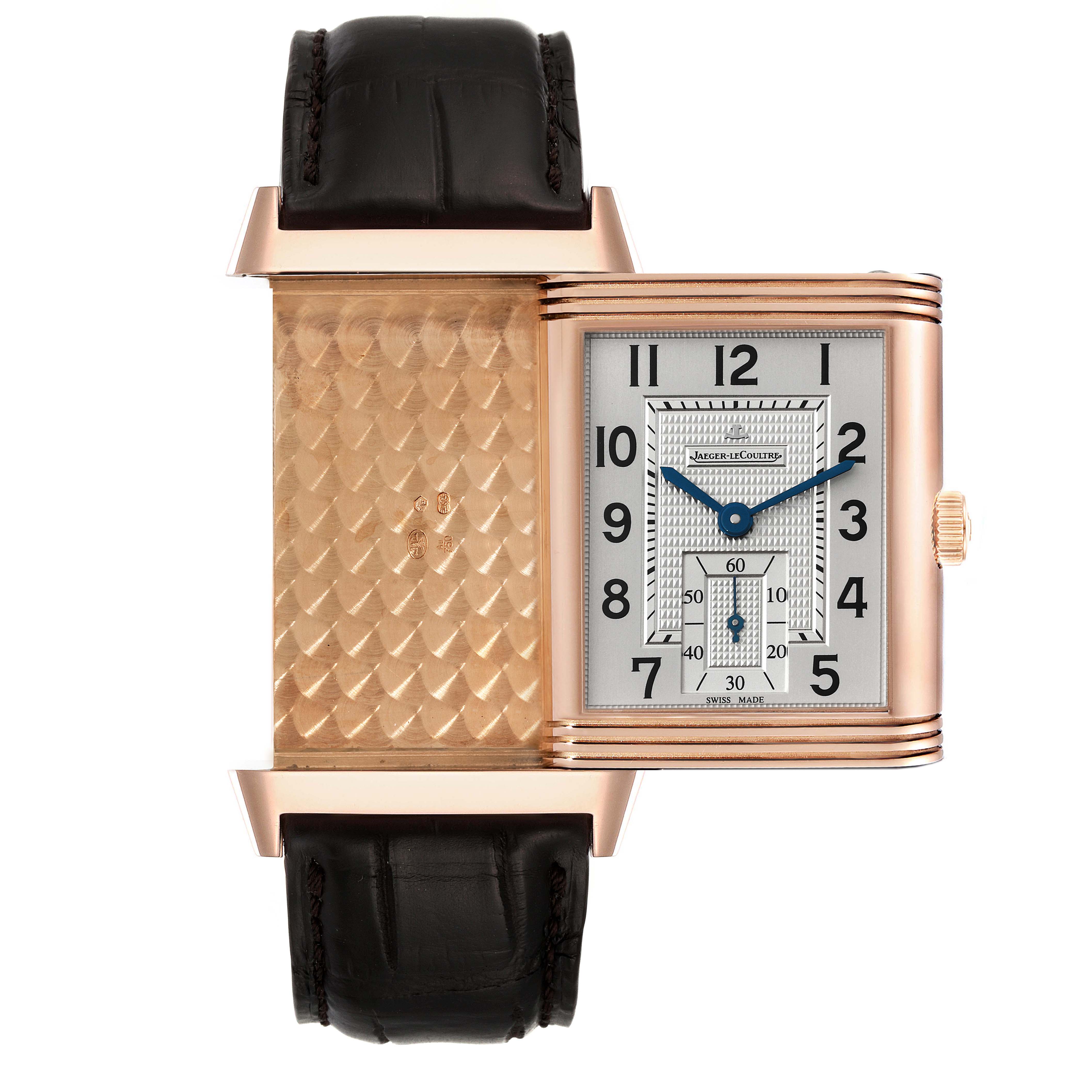 This Jaeger LeCoultre Reverso Q3732420 Men's Rose Gold Silver Dial Q3732420 Men's Rose Gold Silver Dial watch shows a frontal view with its case reversed to display the engraved back.