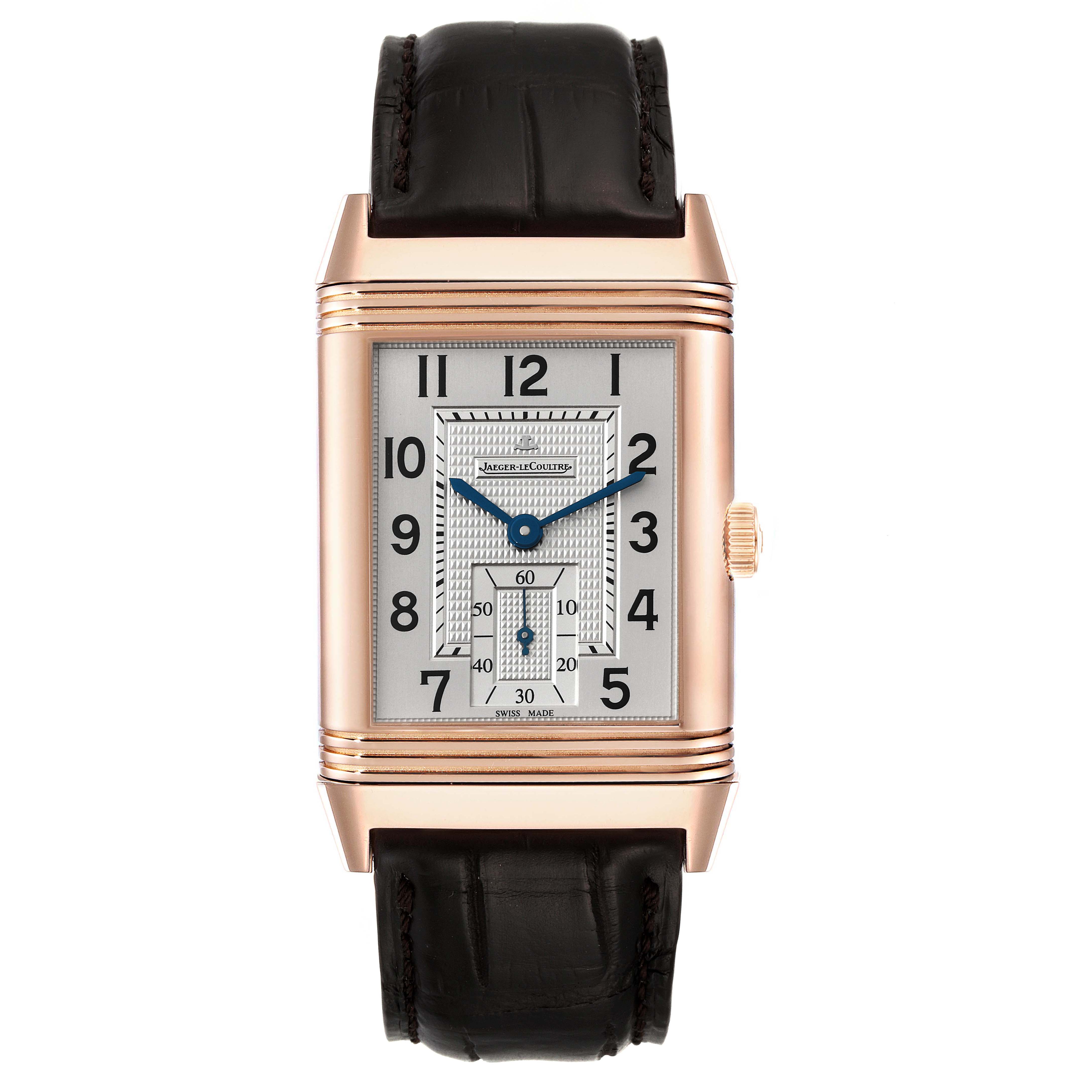 The image shows a front view of the Jaeger LeCoultre Reverso Q3732420 Men's Rose Gold Silver Dial Q3732420 Men's Rose Gold Silver Dial watch, highlighting the rectangular case, dial, and leather strap.
