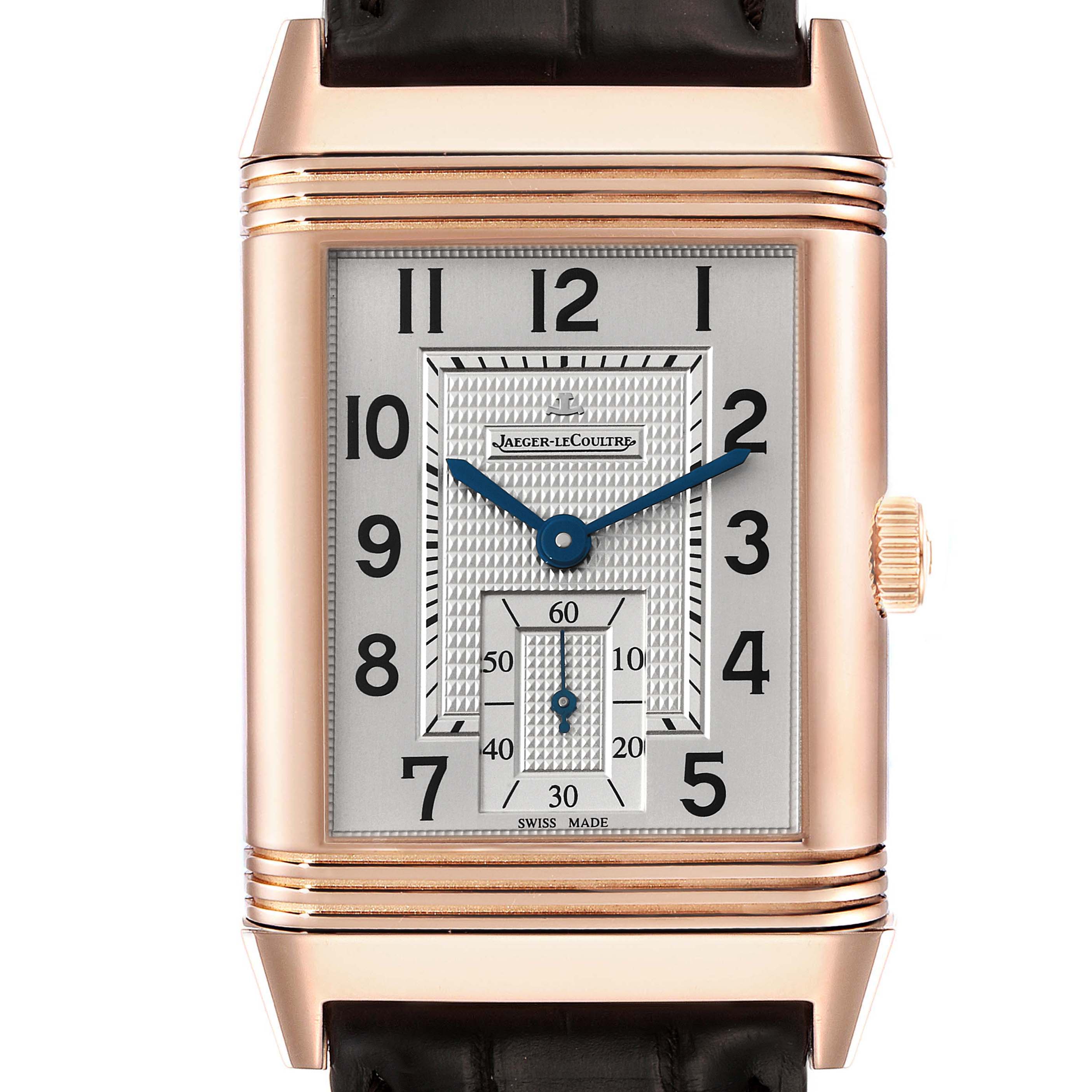 This image shows a front view of the dial and bezel of the Jaeger LeCoultre Reverso Q3732420 Men's Rose Gold Silver Dial Q3732420 Men's Rose Gold Silver Dial watch.