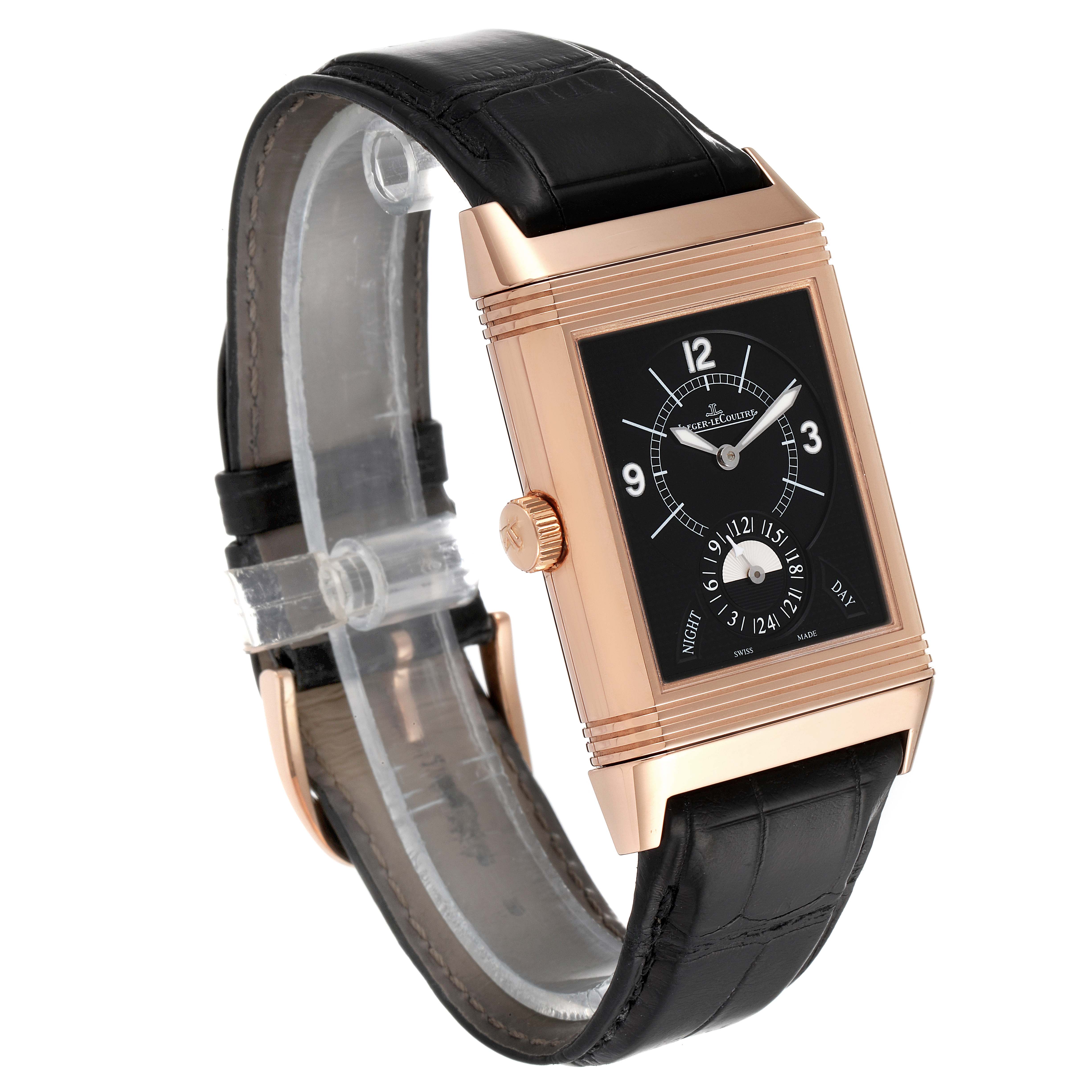 A Jaeger LeCoultre Reverso Q3742521 Men's Rose Gold Silver Dial Q3742521 Men's Rose Gold Silver Dial model watch is shown from a three-quarter angle, revealing its rectangular face, crown, and leather strap.