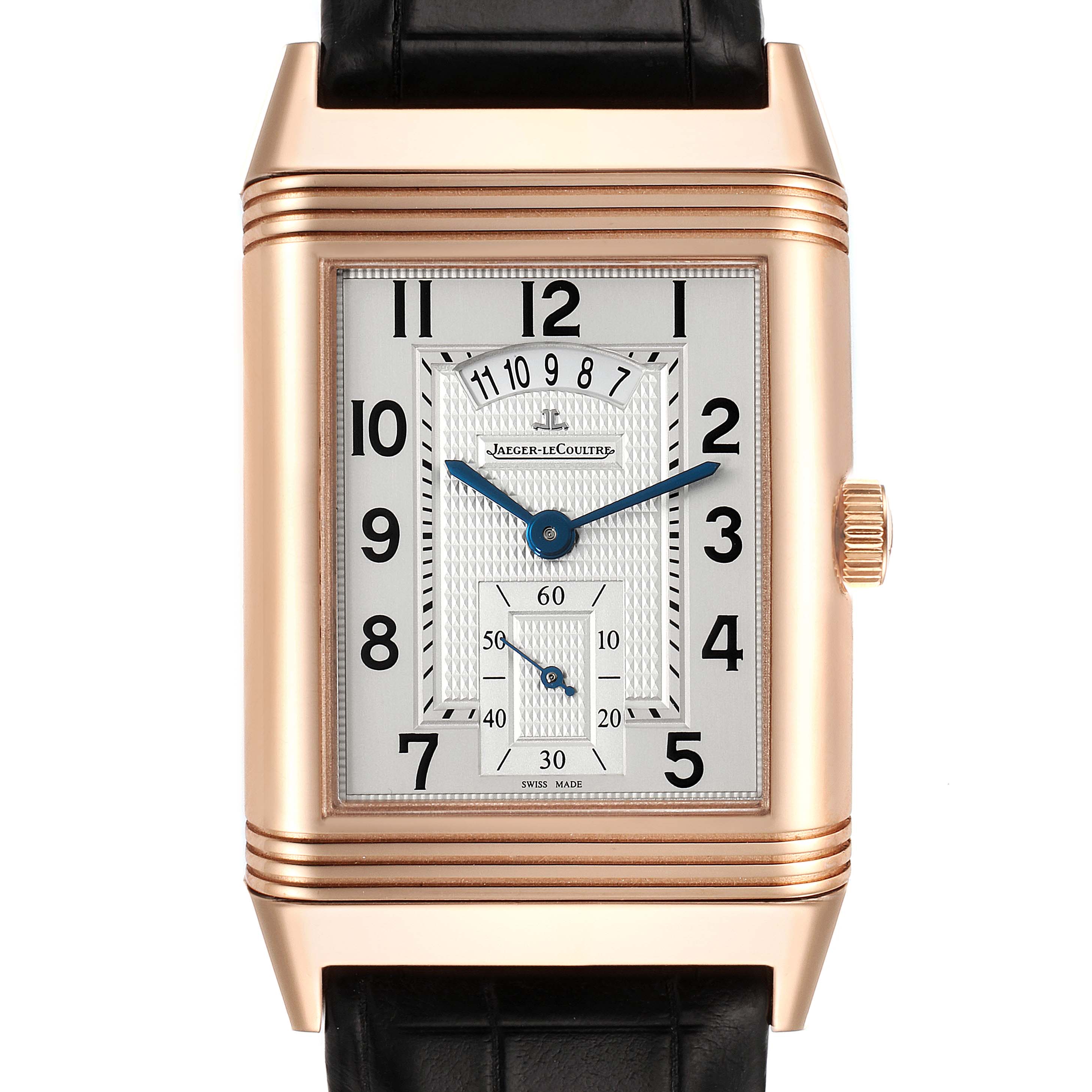 The Jaeger LeCoultre Reverso Q3742521 Men's Rose Gold Silver Dial Q3742521 Men's Rose Gold Silver Dial watch is shown from the front, highlighting the dial, hands, case, and part of the strap.