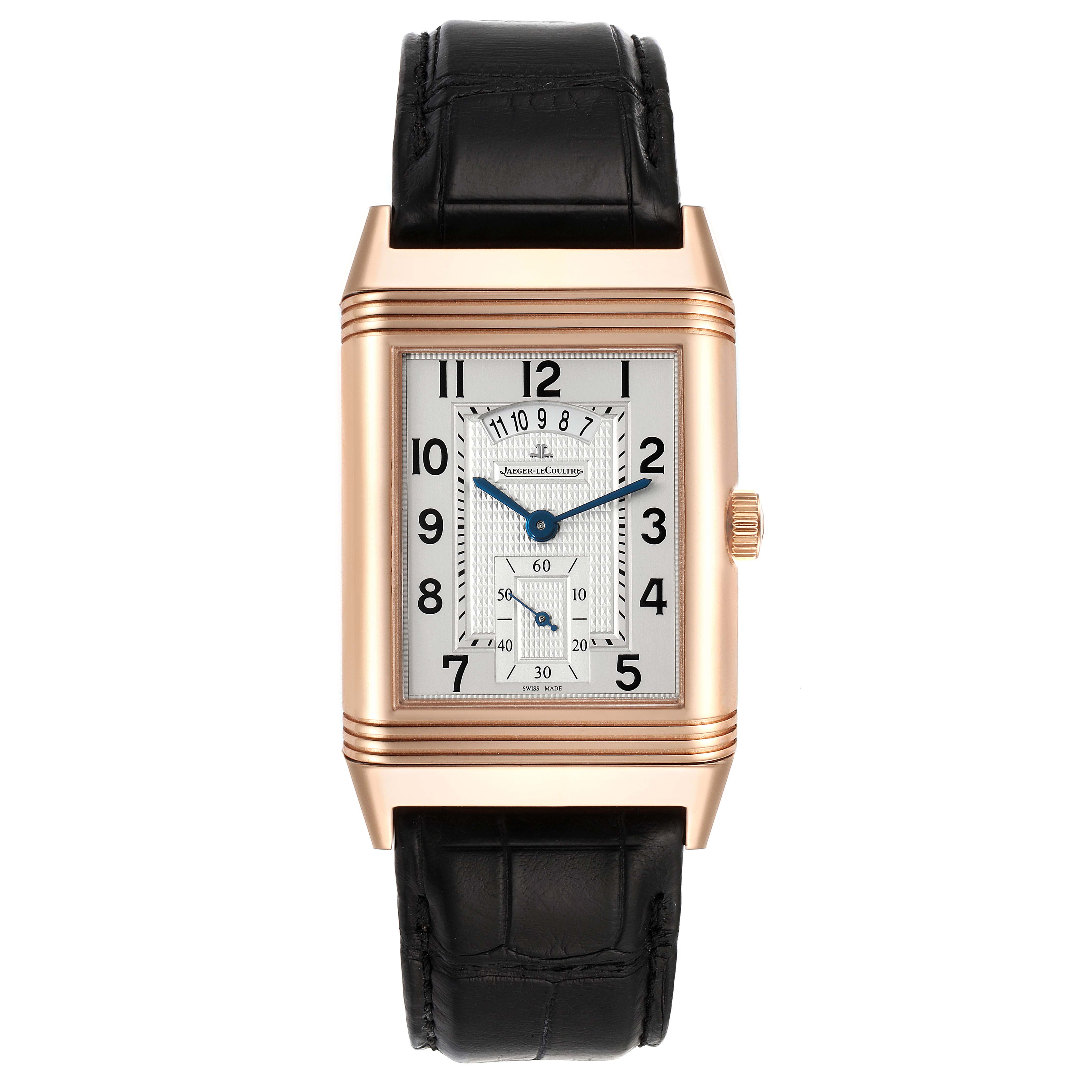 The image shows a front view of the Jaeger LeCoultre Reverso Q3742521 Men's Rose Gold Silver Dial Q3742521 Men's Rose Gold Silver Dial watch, highlighting the dial and the black leather strap.