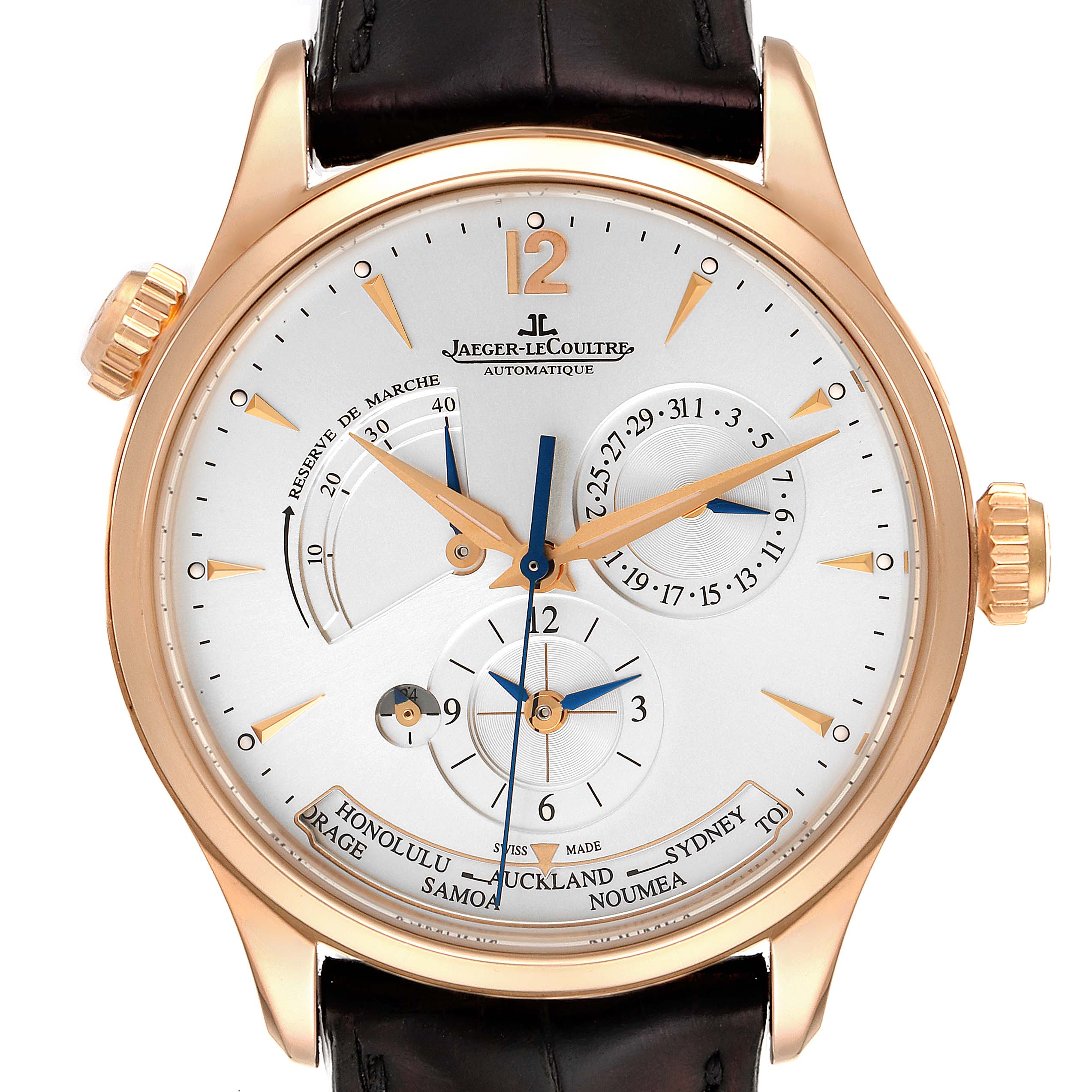 The Jaeger-LeCoultre Master model watch is shown from a front angle, highlighting its dial, hands, and subdials.