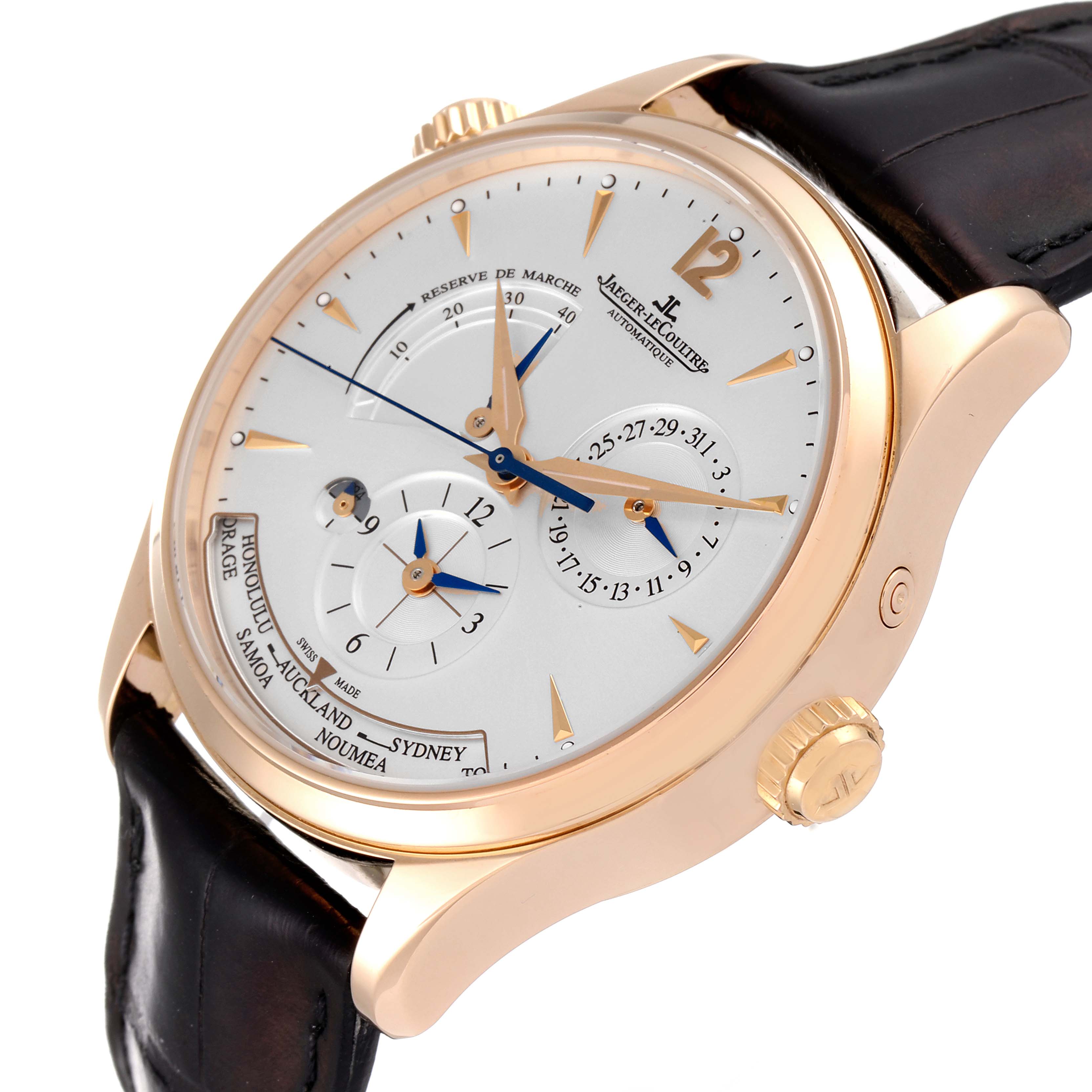 The image shows a Jaeger-LeCoultre Master model watch at an angle emphasizing the dial, crown, and leather strap.
