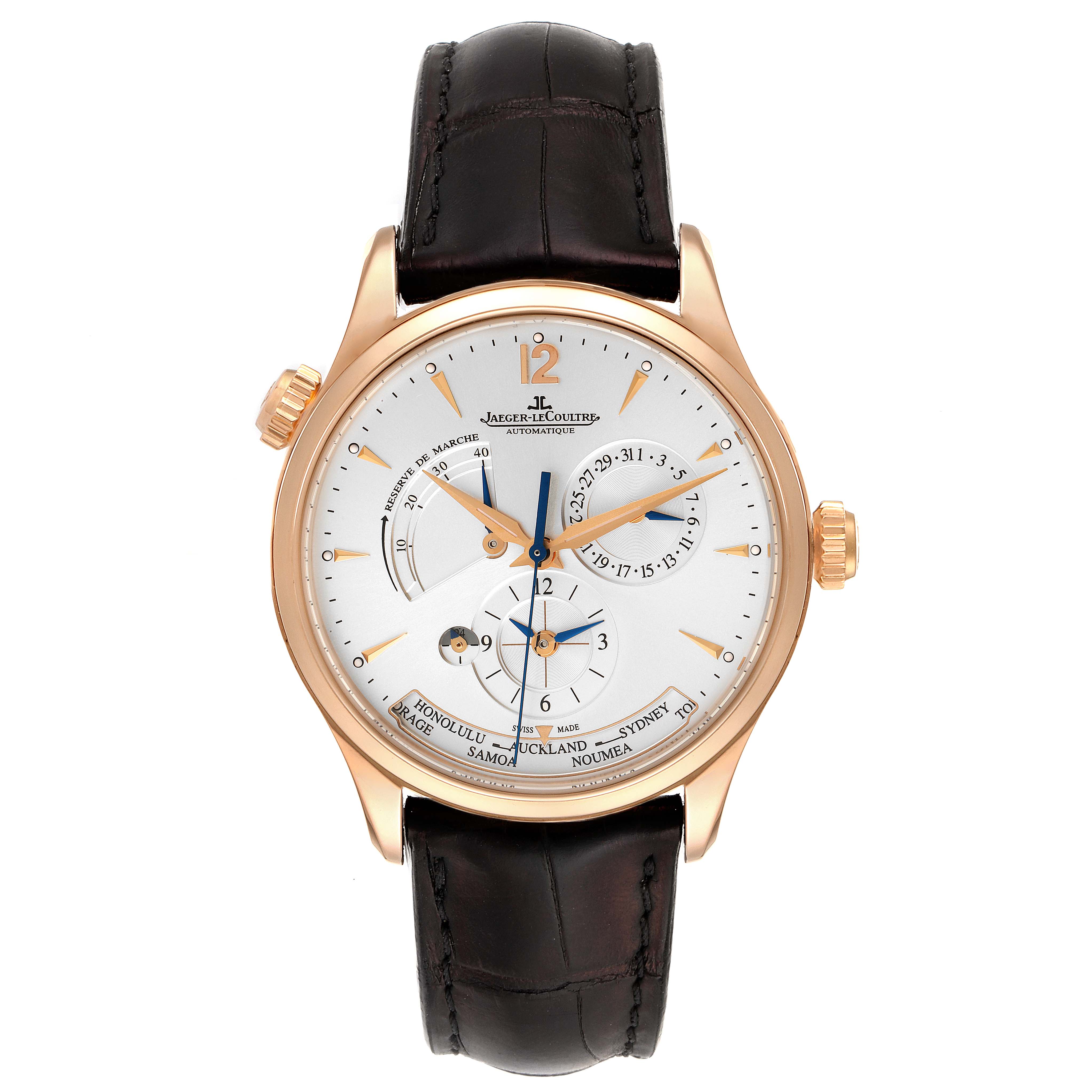 The Jaeger-LeCoultre Master model watch is shown from the front, showcasing its face, hands, dial, bezel, and strap.
