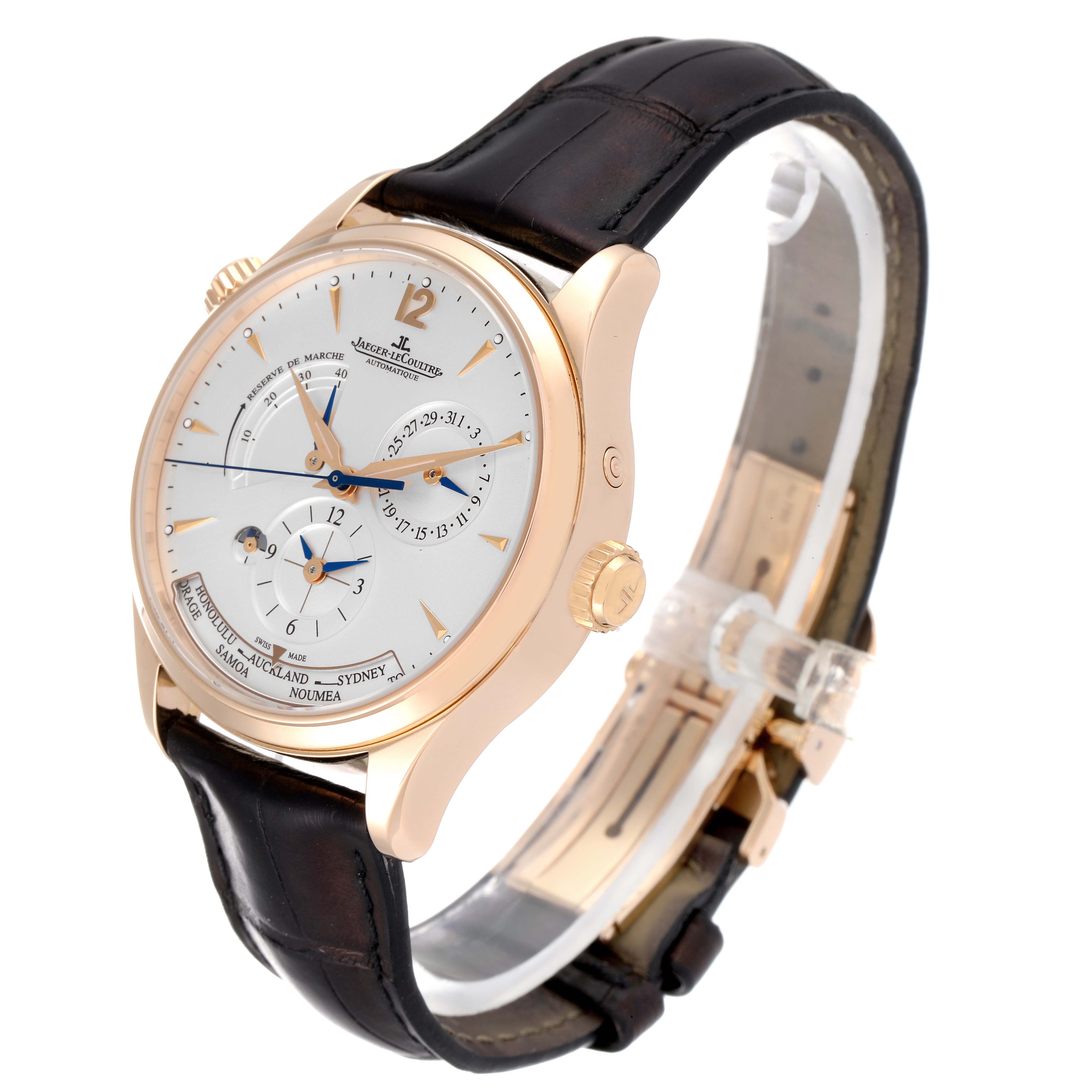 The image shows a side angle of the Jaeger-LeCoultre Master model watch, highlighting its dial and strap.