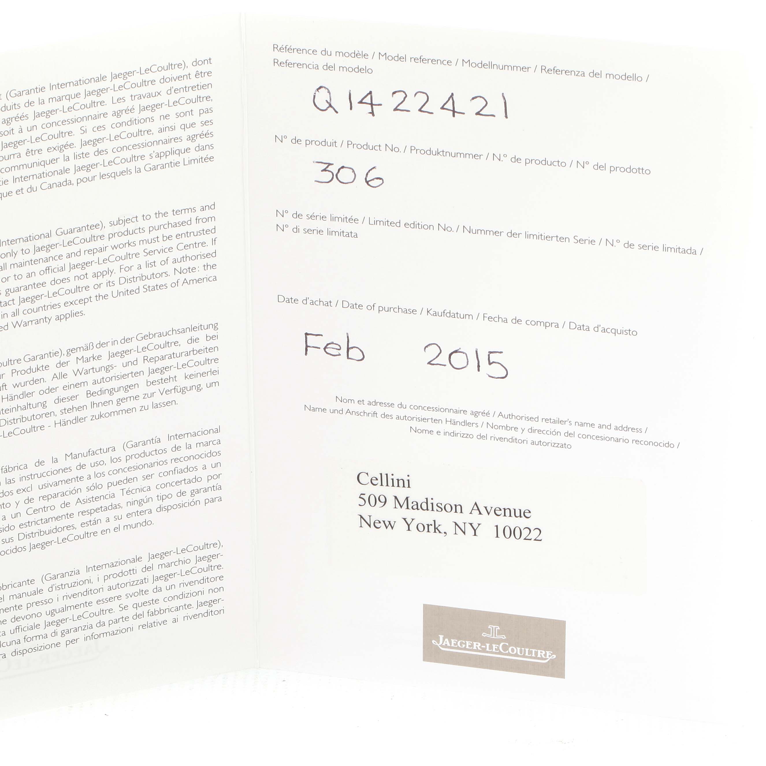 The image shows the warranty certificate for the Jaeger-LeCoultre Master model with the purchase date and retailer details visible.