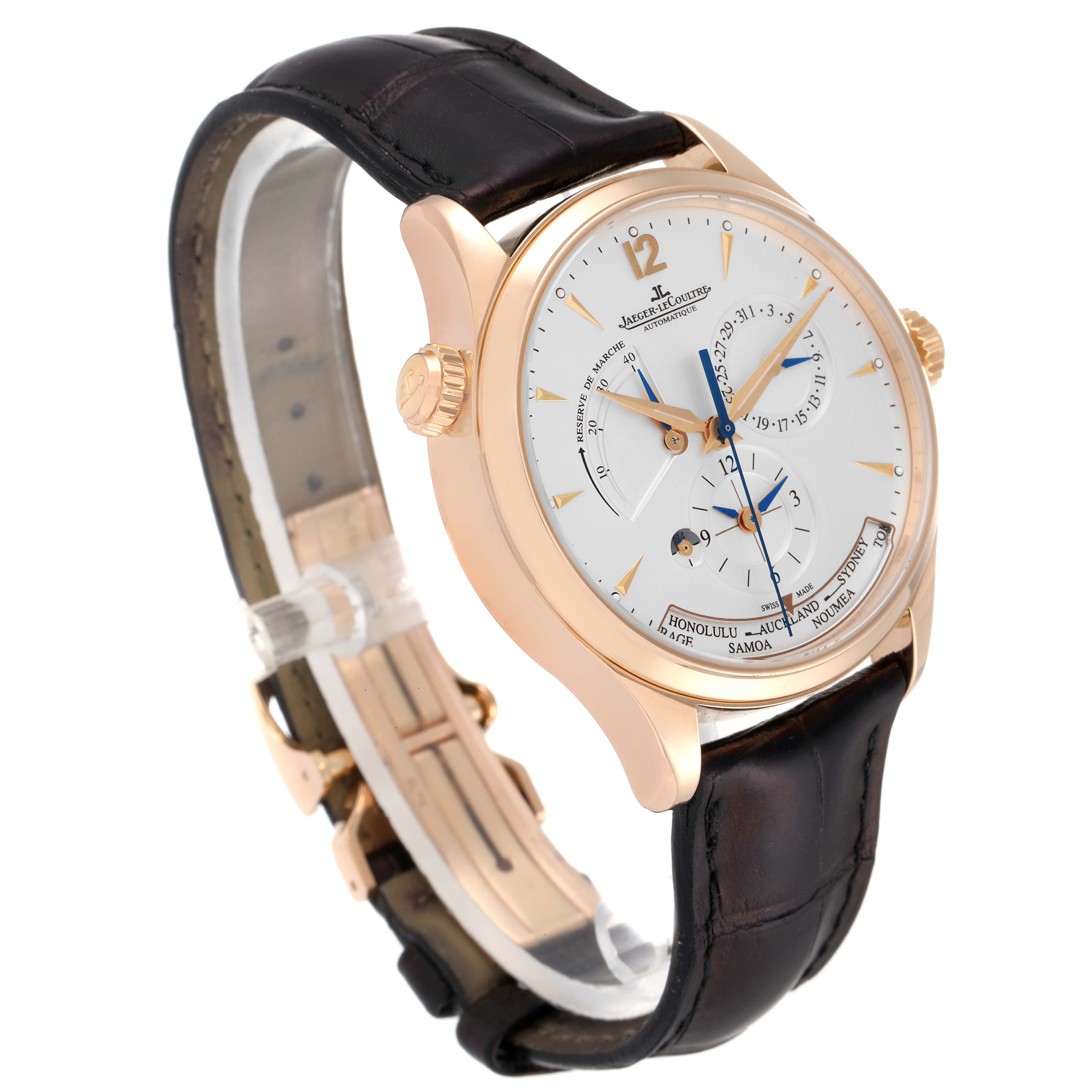 The image shows a Jaeger-LeCoultre Master model watch at an angled side view, highlighting the face, crown, and leather strap.