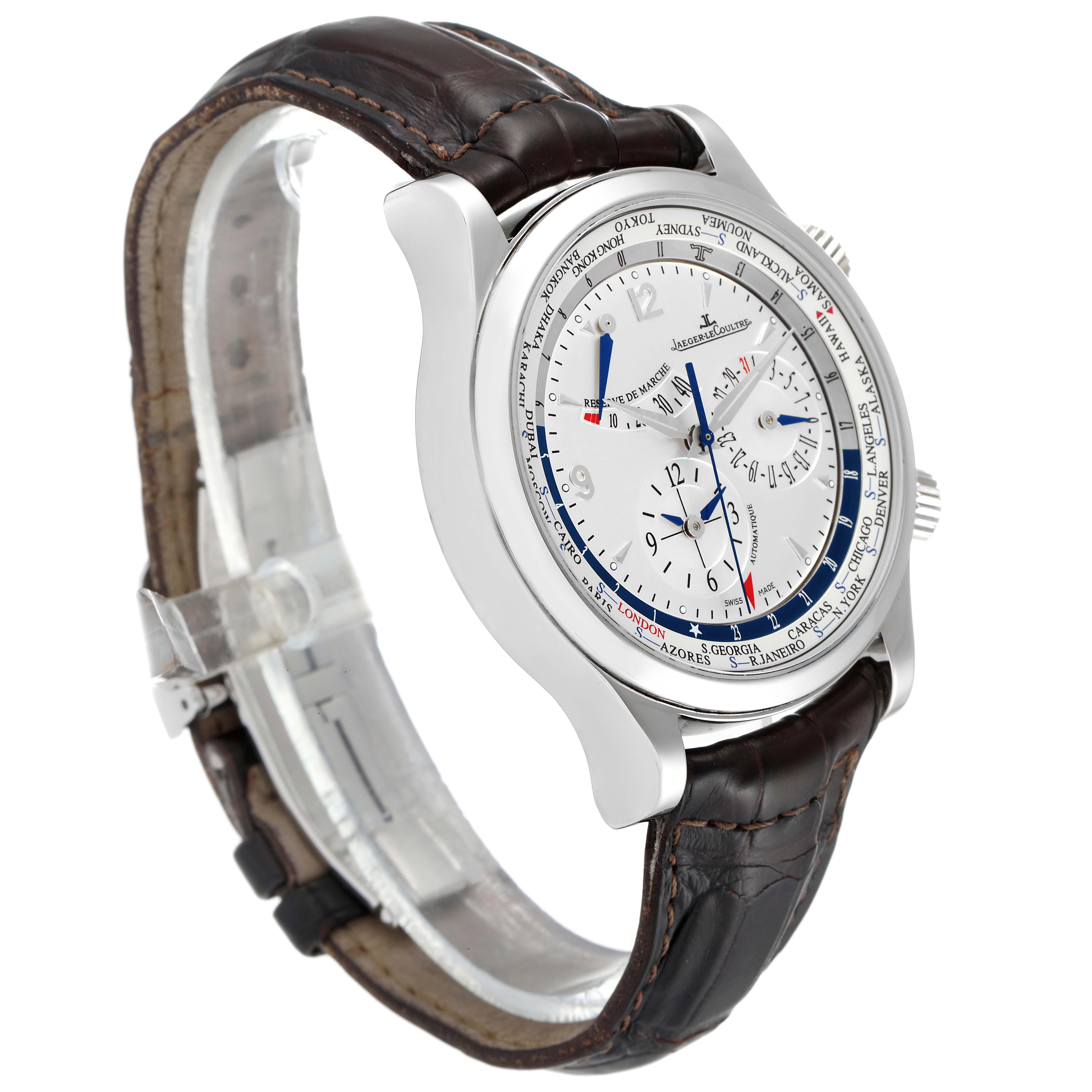 The image shows a Jaeger-LeCoultre Master model watch at an angled side view, showcasing its face, dial, and leather strap.