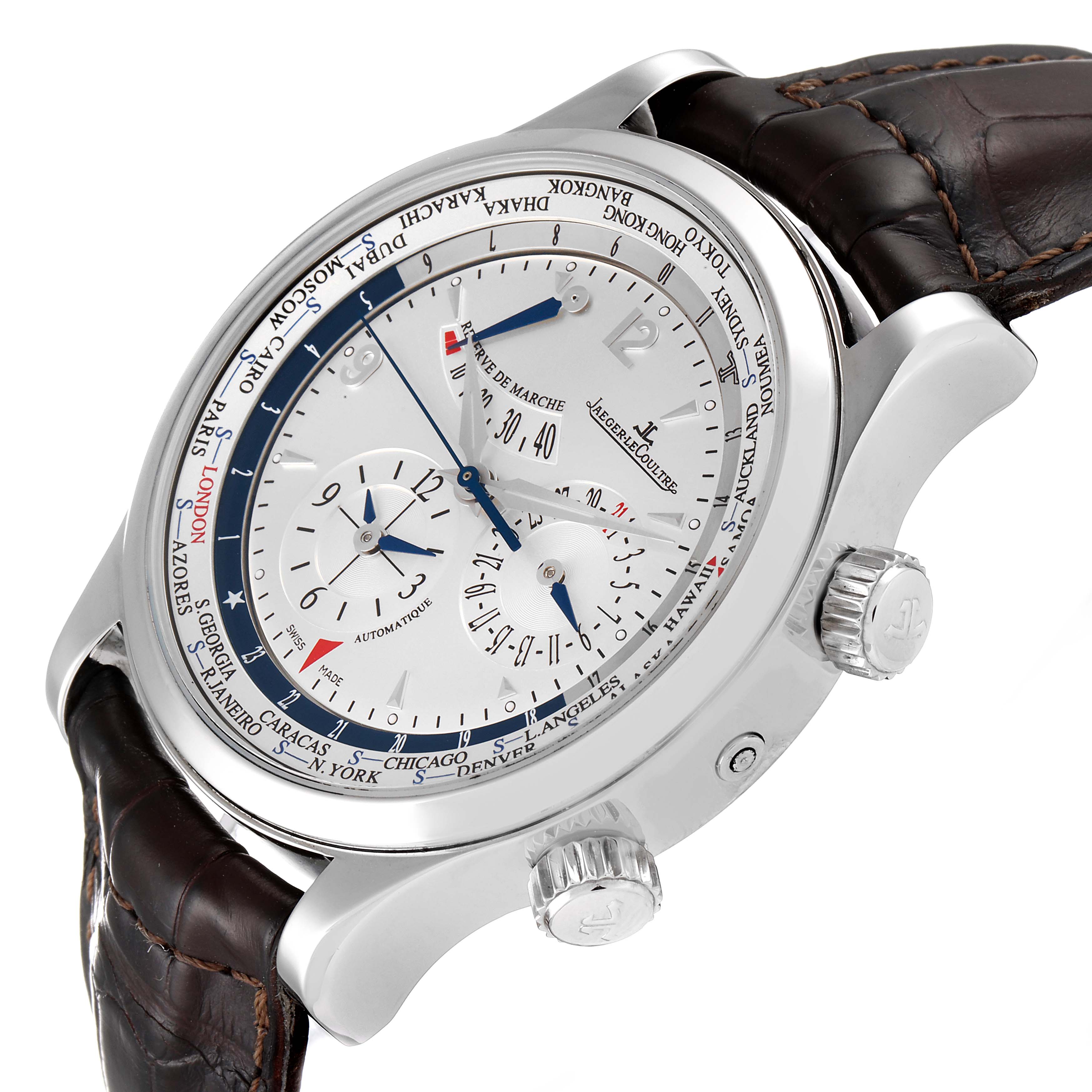 The Jaeger-LeCoultre Master model watch is shown at a slight angle, featuring the dial, crown, pushers, and leather strap.