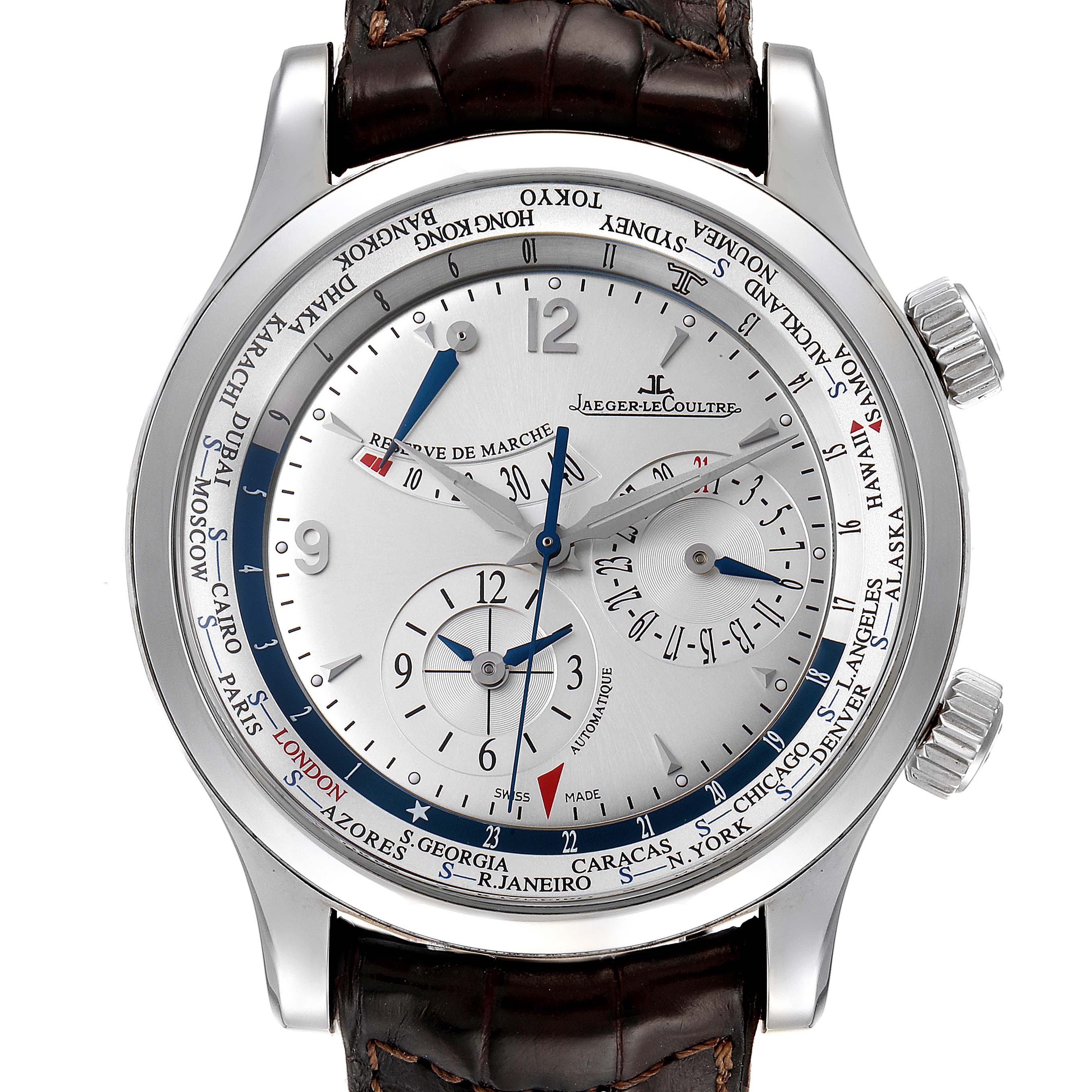 This image shows a close-up, front view of the Jaeger LeCoultre Master Q1528420 Men
s Stainless Steel Silver Dial Q1528420 Men
s Stainless Steel Silver Dial model watch, showcasing its dial and two side crowns.