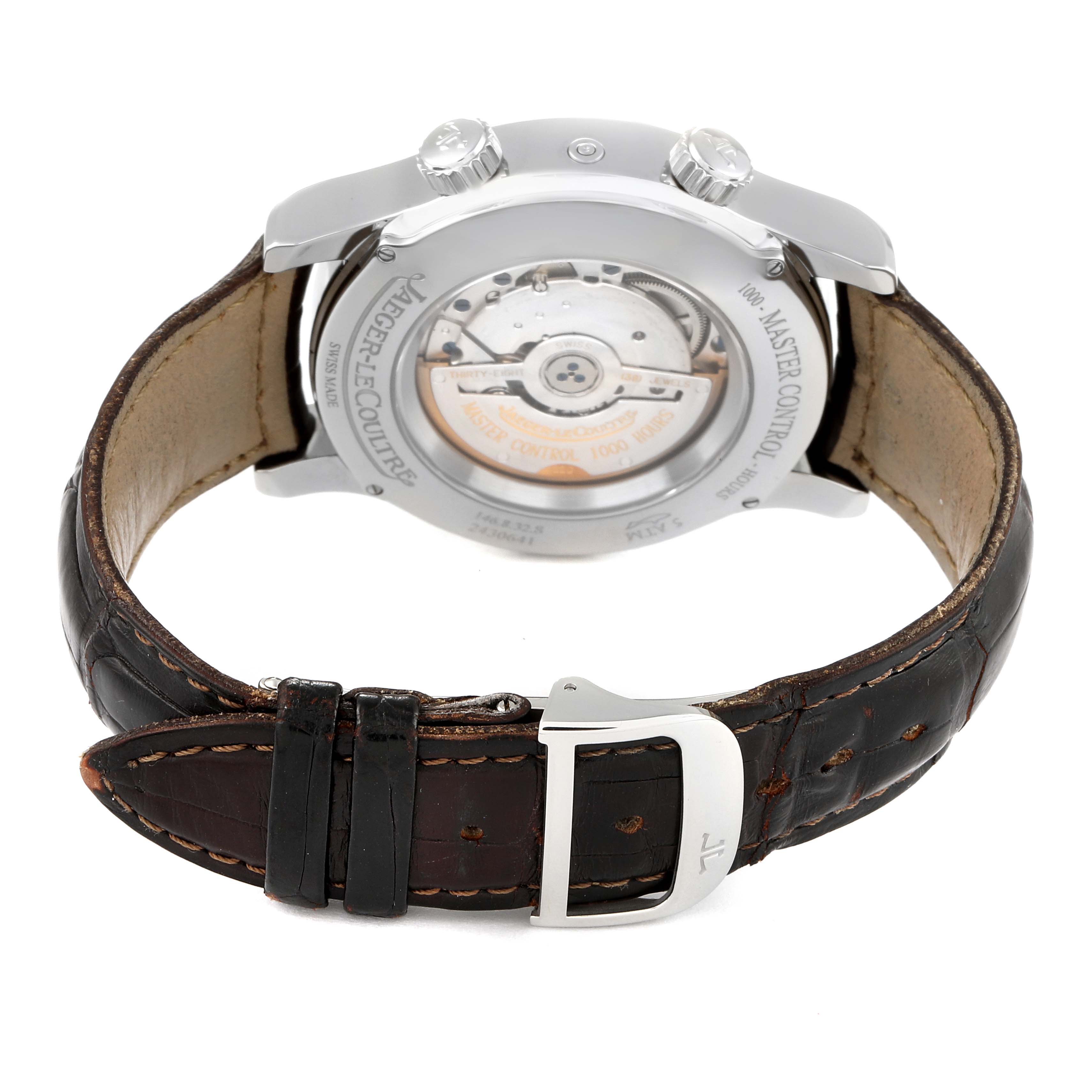 The image shows the back view of the Jaeger LeCoultre Master Q1528420 Men
s Stainless Steel Silver Dial Q1528420 Men
s Stainless Steel Silver Dial model watch, highlighting the case back and leather strap.