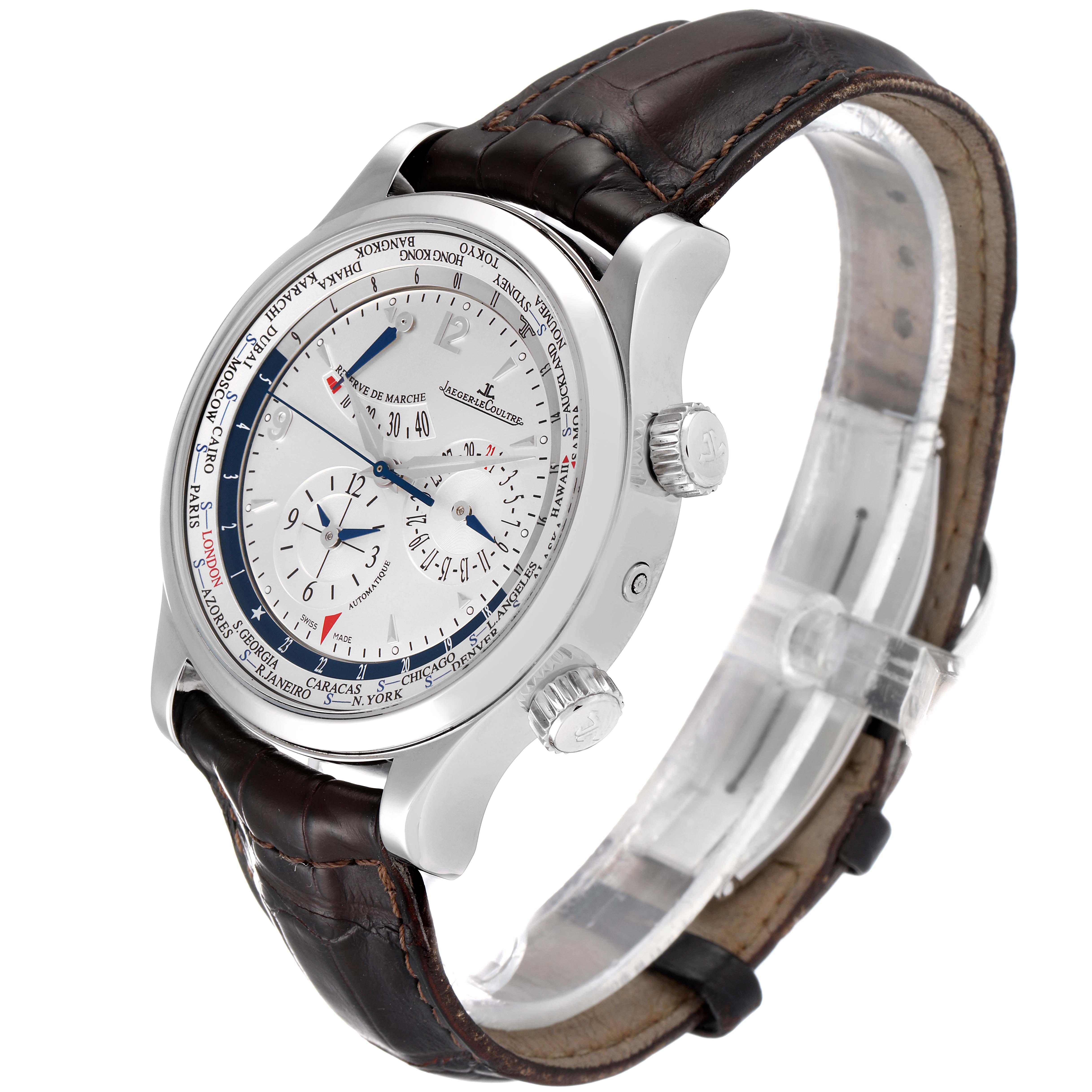 The Jaeger-LeCoultre Master model watch is shown at an angle highlighting the face, crown, and leather strap.