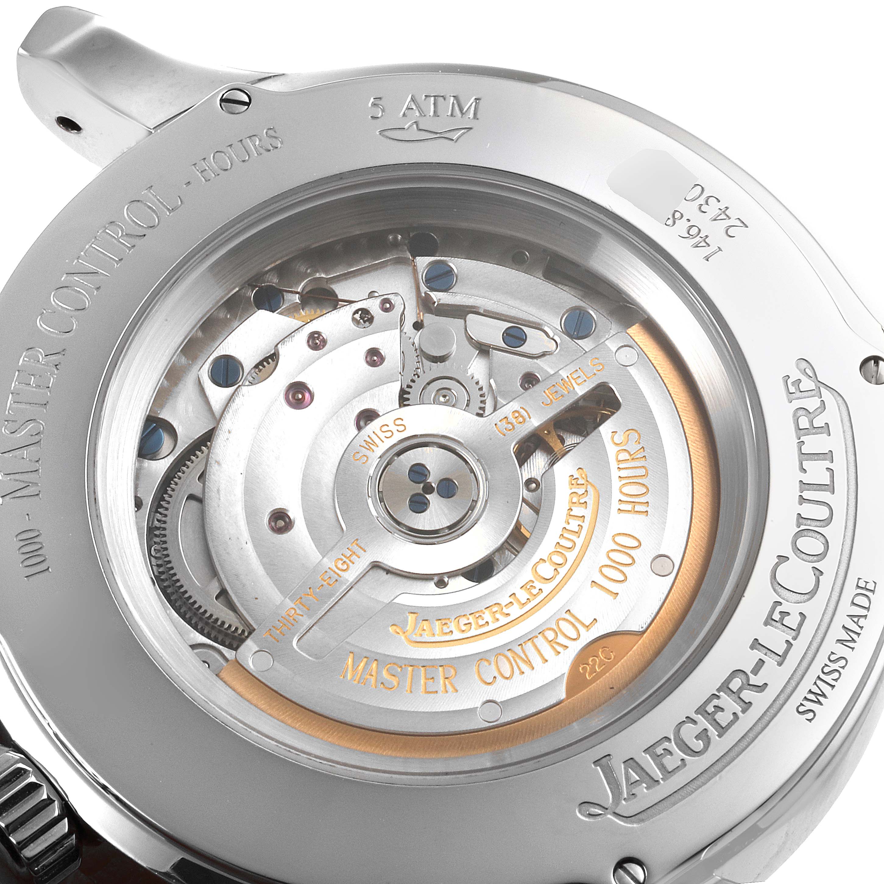 The image shows the back view of the Jaeger-LeCoultre Master model watch, focusing on its intricate movement and engraving.