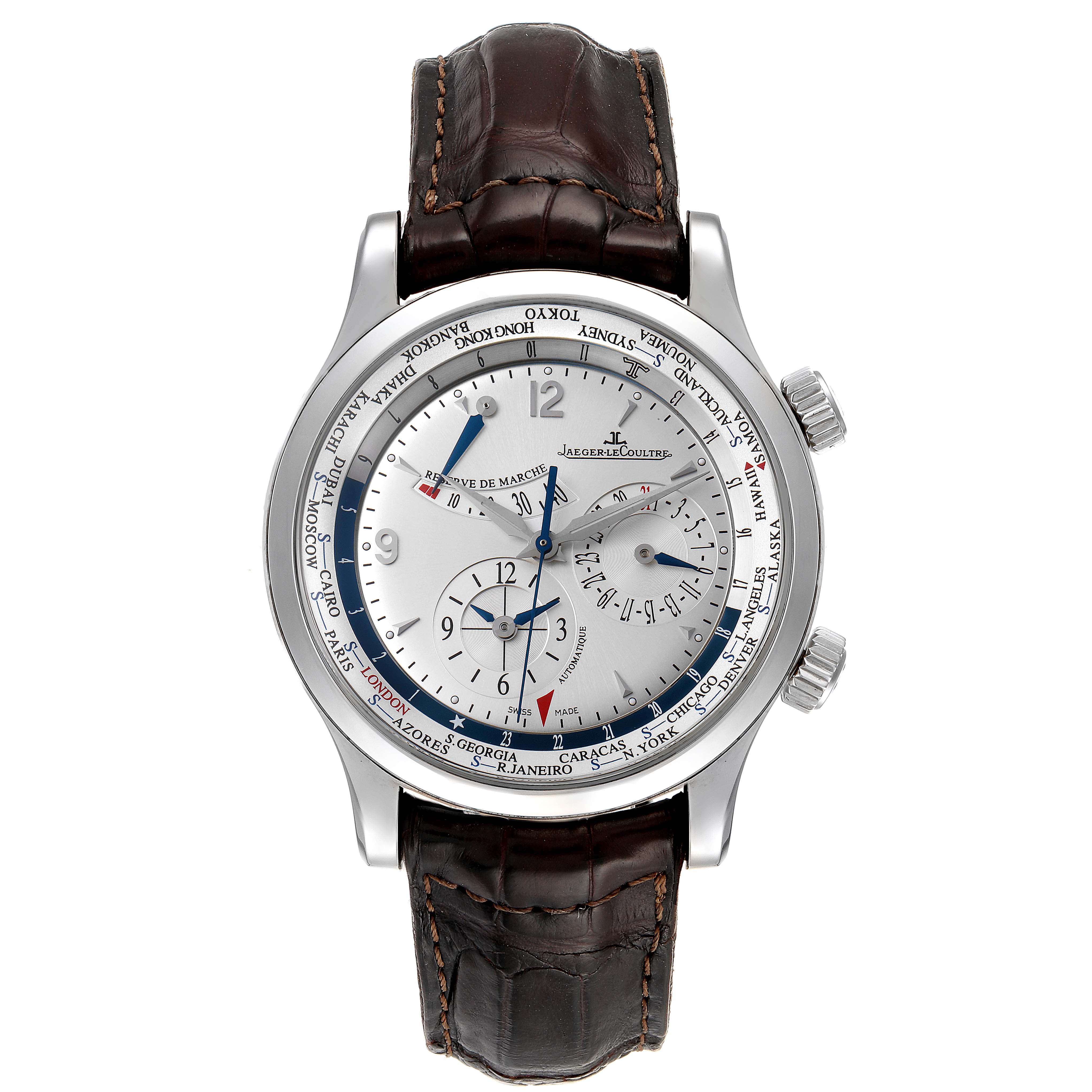 The image shows a Jaeger-LeCoultre Master model watch from the front, highlighting its face, dials, and leather strap.