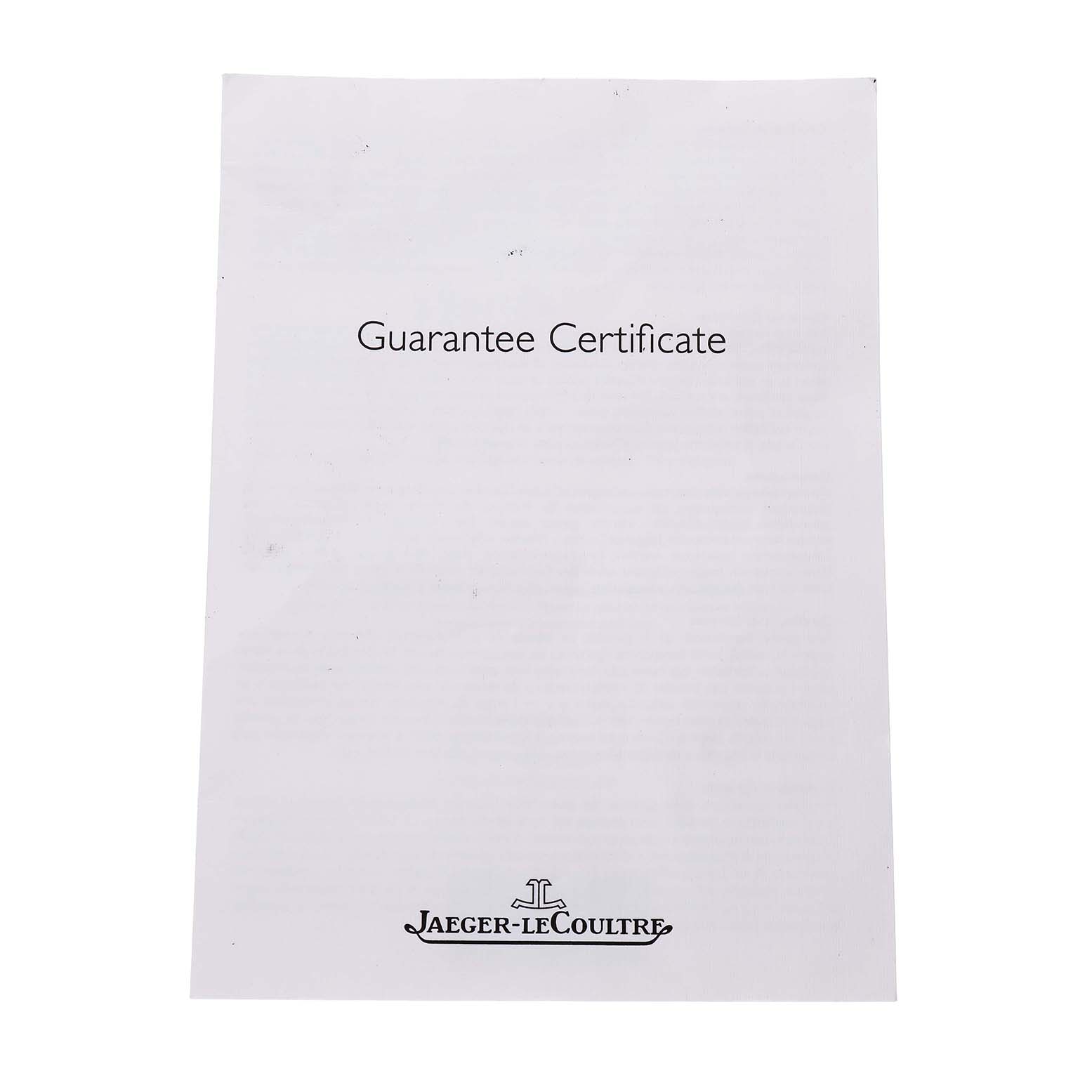 This image shows the Jaeger-LeCoultre Reverso model's guarantee certificate from a frontal angle.