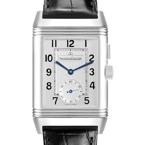 The Jaeger LeCoultre Reverso Q2718411 / 272.8.51 Men's Stainless Steel Silver Dial watch is shown from the front, highlighting the dial, numerals, hour, and minute hands.