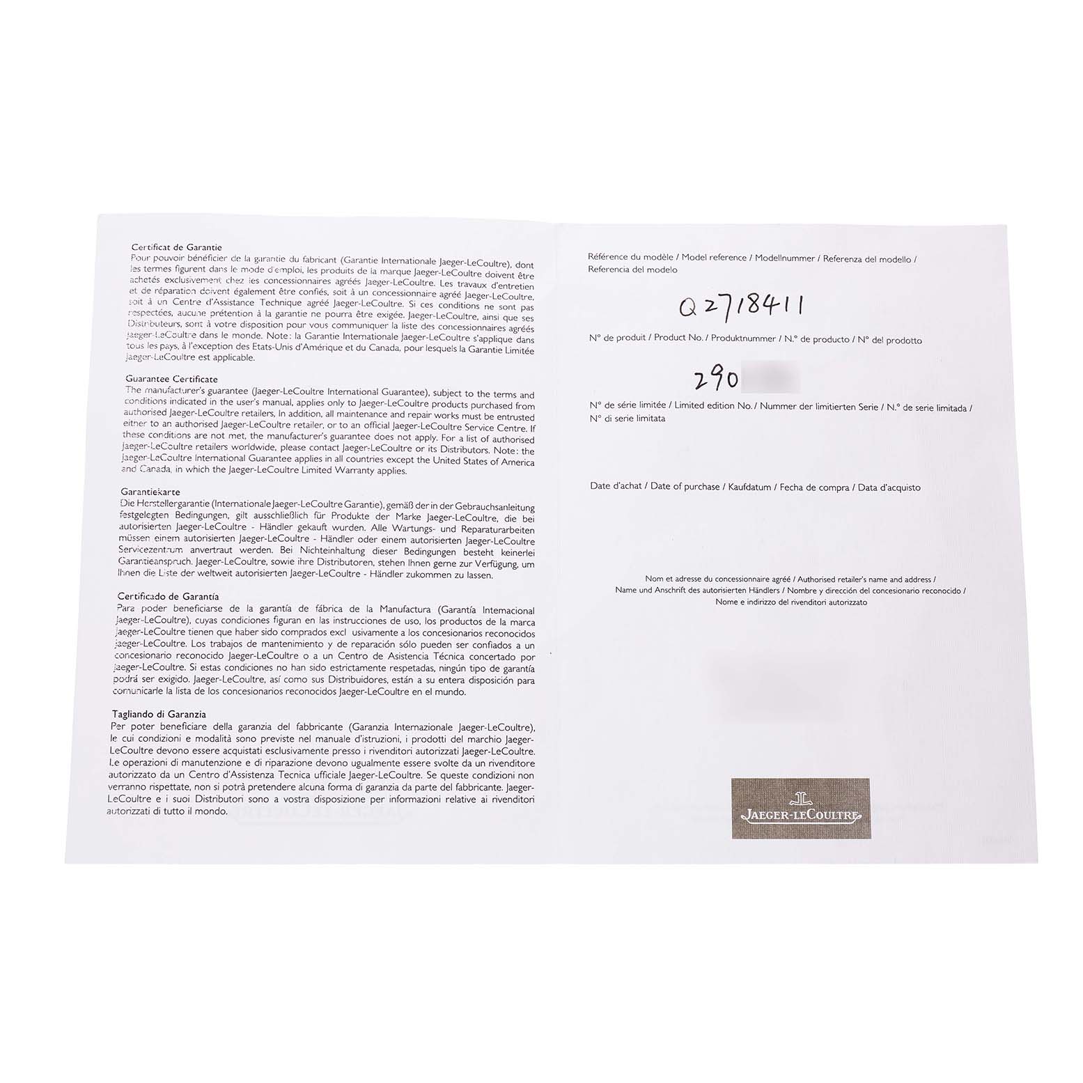 This image shows the Jaeger LeCoultre Reverso Q2718411 / 272.8.51 Men's Stainless Steel Silver Dial model's warranty certificate document.