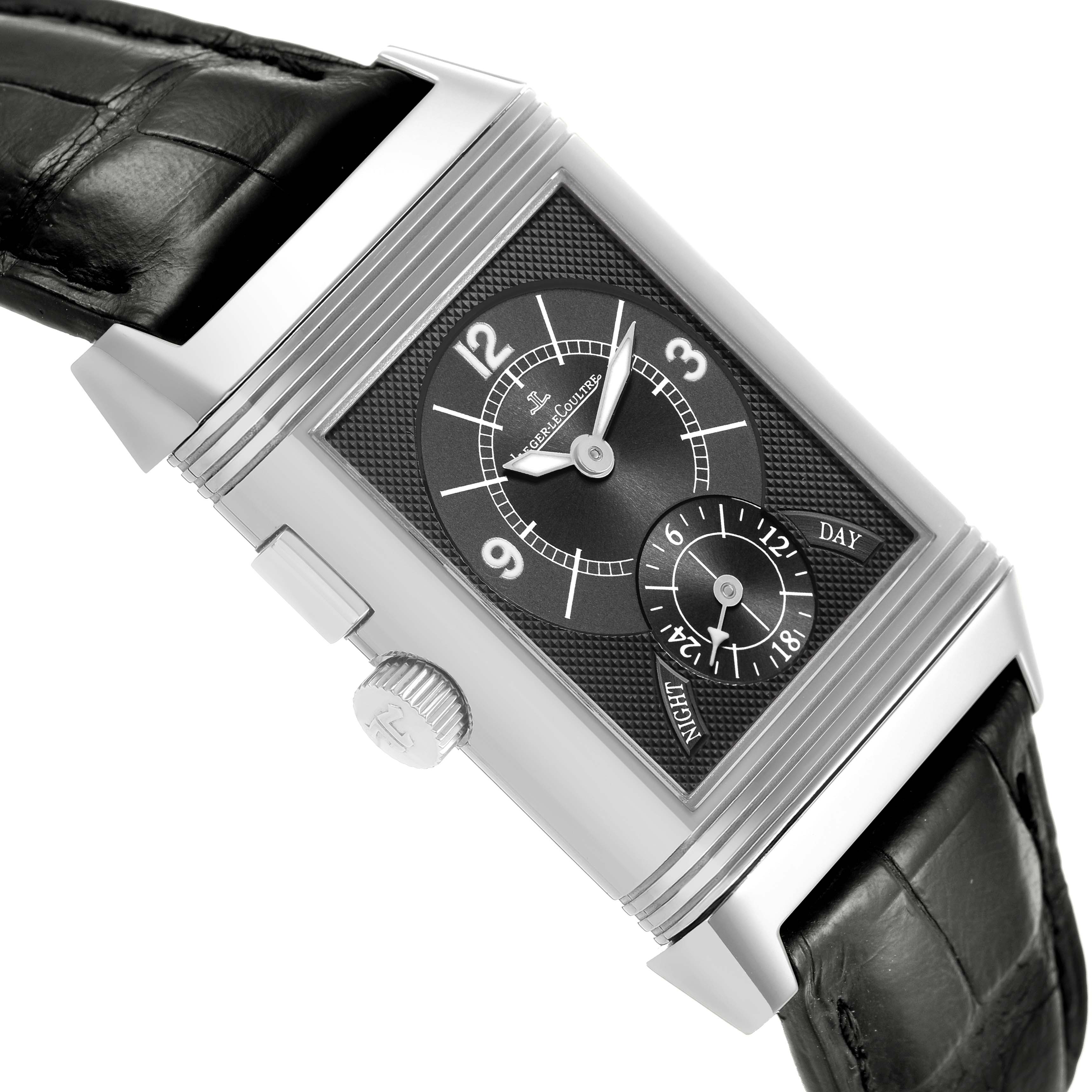The Jaeger LeCoultre Reverso Q2718411 / 272.8.51 Men's Stainless Steel Silver Dial watch is shown at an angle highlighting its face, side crown, and black leather strap.