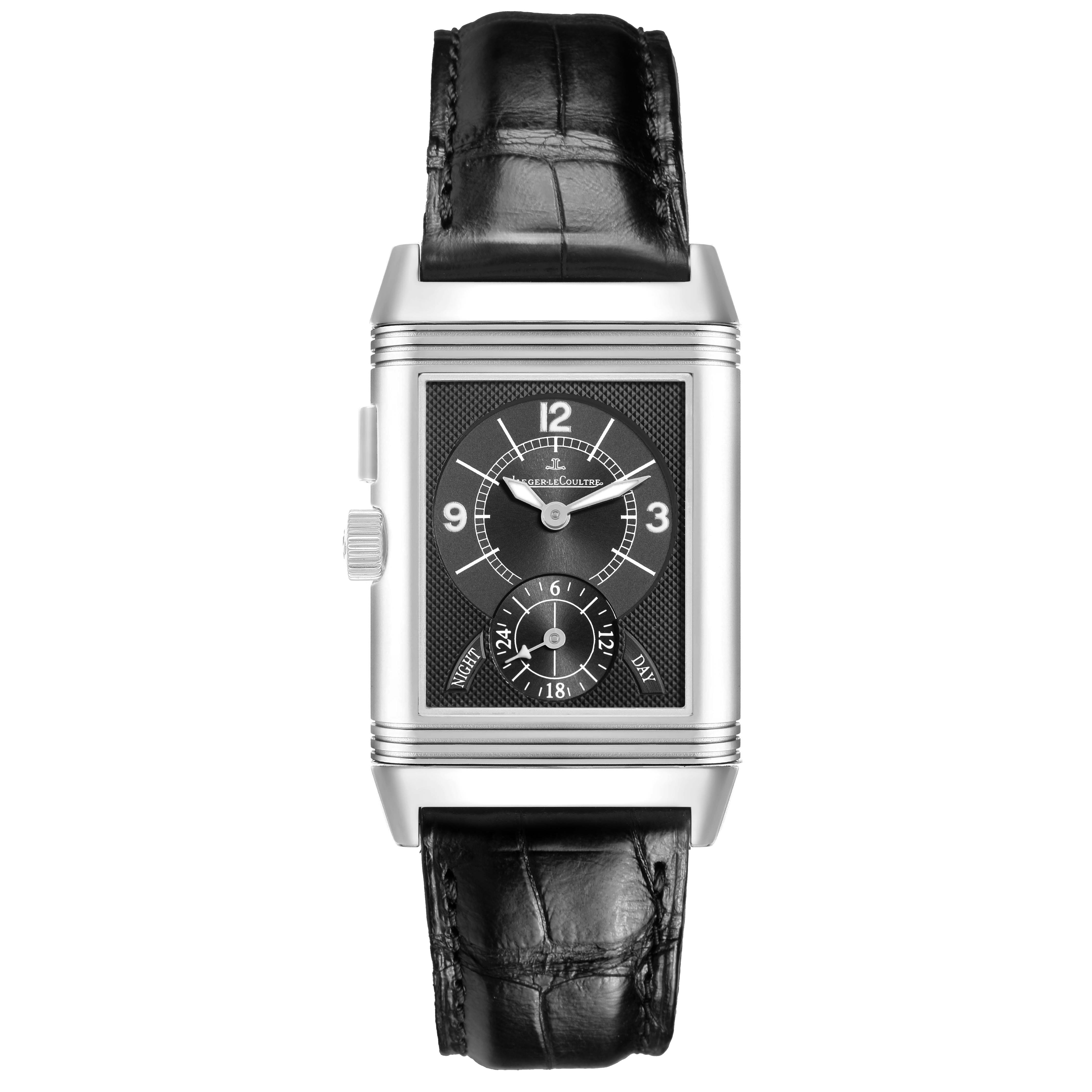 The Jaeger LeCoultre Reverso Q2718411 / 272.8.51 Men's Stainless Steel Silver Dial model is shown from a front view, displaying the watch face and a black leather strap.
