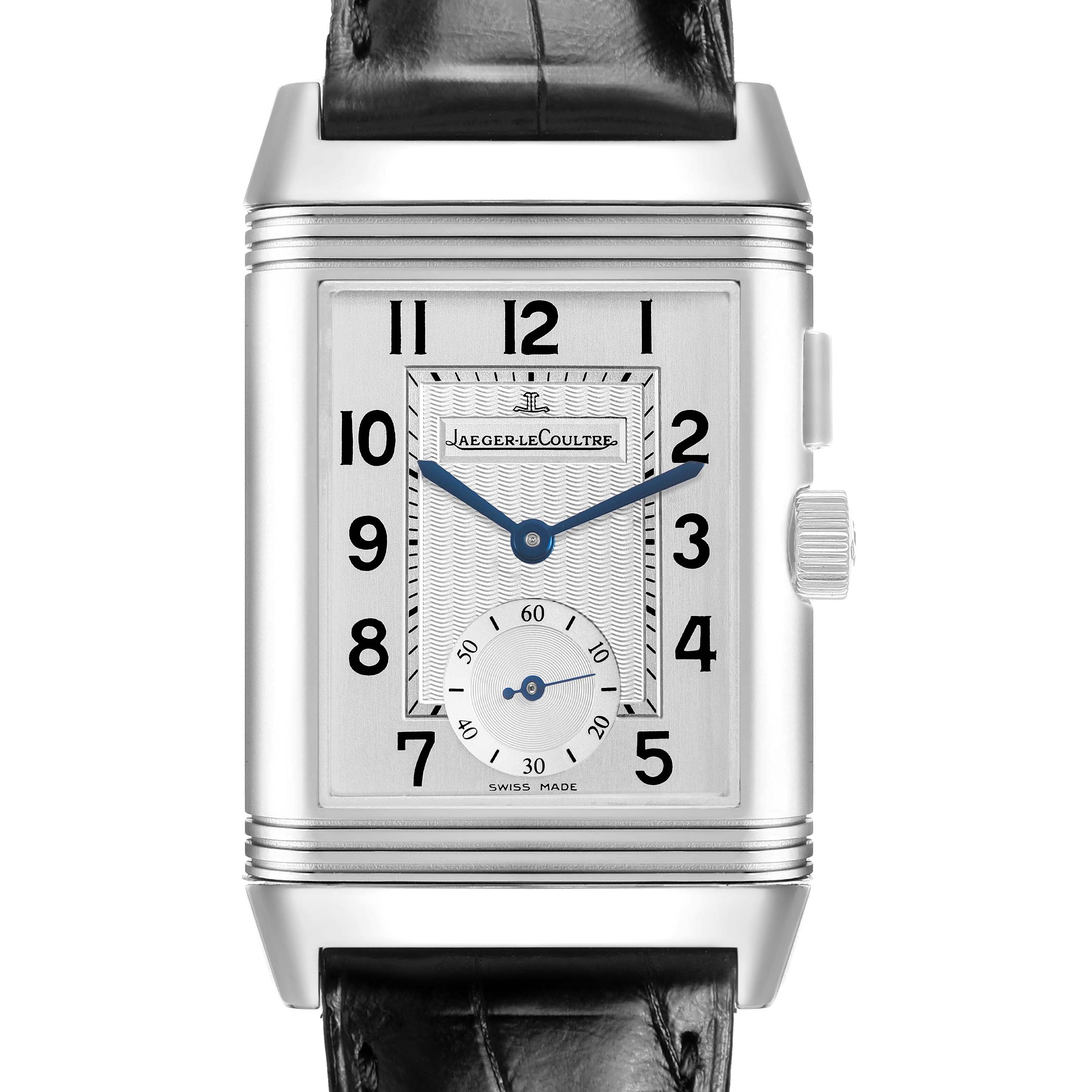 The Jaeger LeCoultre Reverso Q2718411 / 272.8.51 Men's Stainless Steel Silver Dial watch is shown from the front, highlighting its rectangular face, numerals, small seconds subdial, and crown.