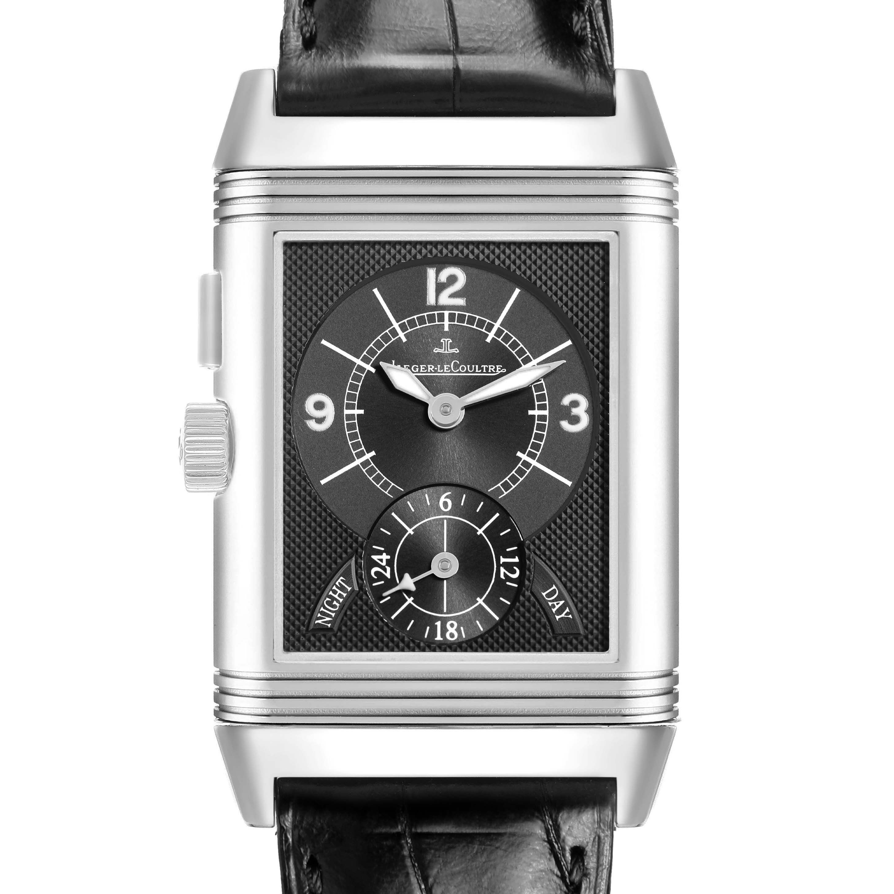 The image shows a front view of a Jaeger-LeCoultre Reverso watch, highlighting the dial and side crown.