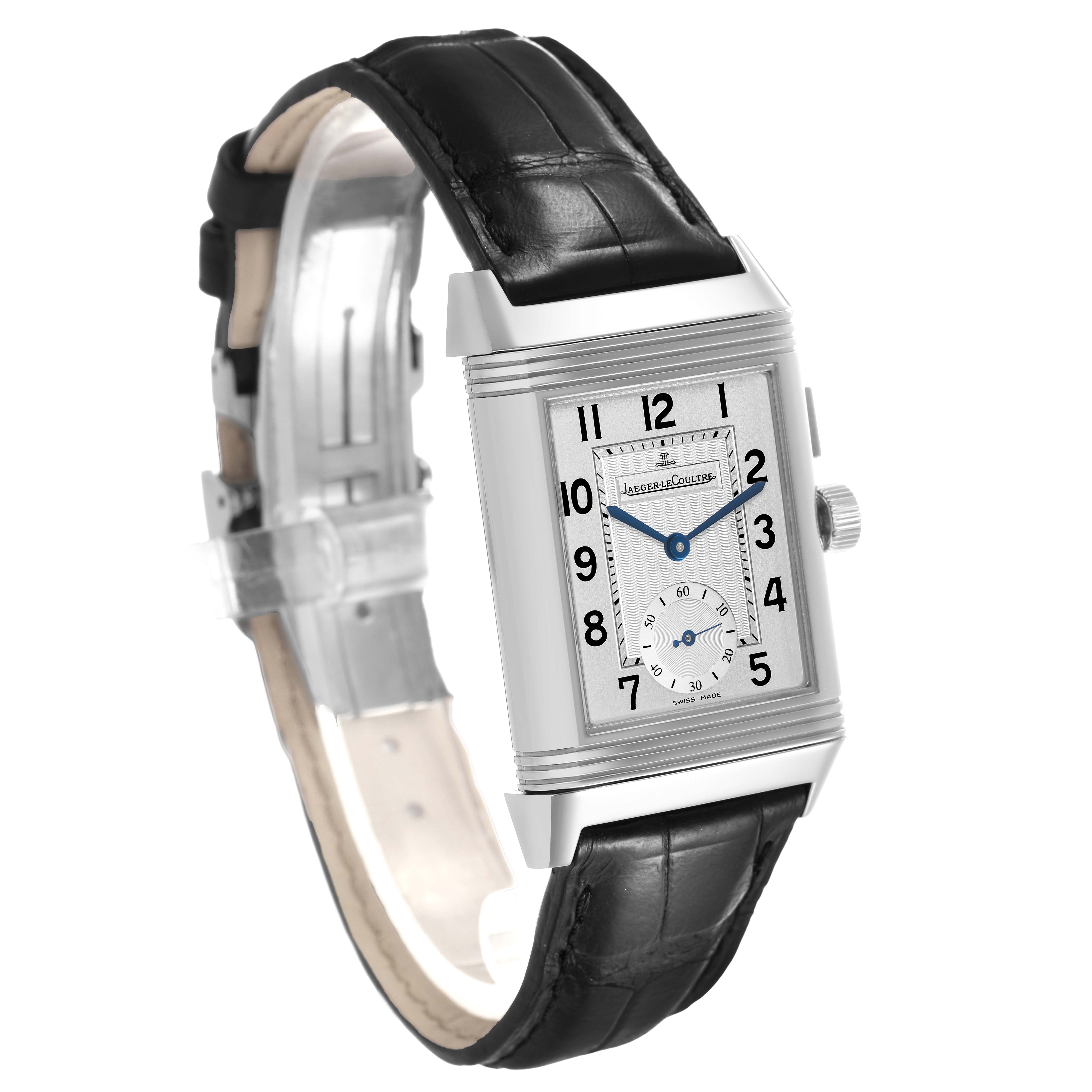 The Jaeger LeCoultre Reverso Q2718411 / 272.8.51 Men's Stainless Steel Silver Dial watch is shown at a three-quarter angle, highlighting the face, crown, and black leather strap.