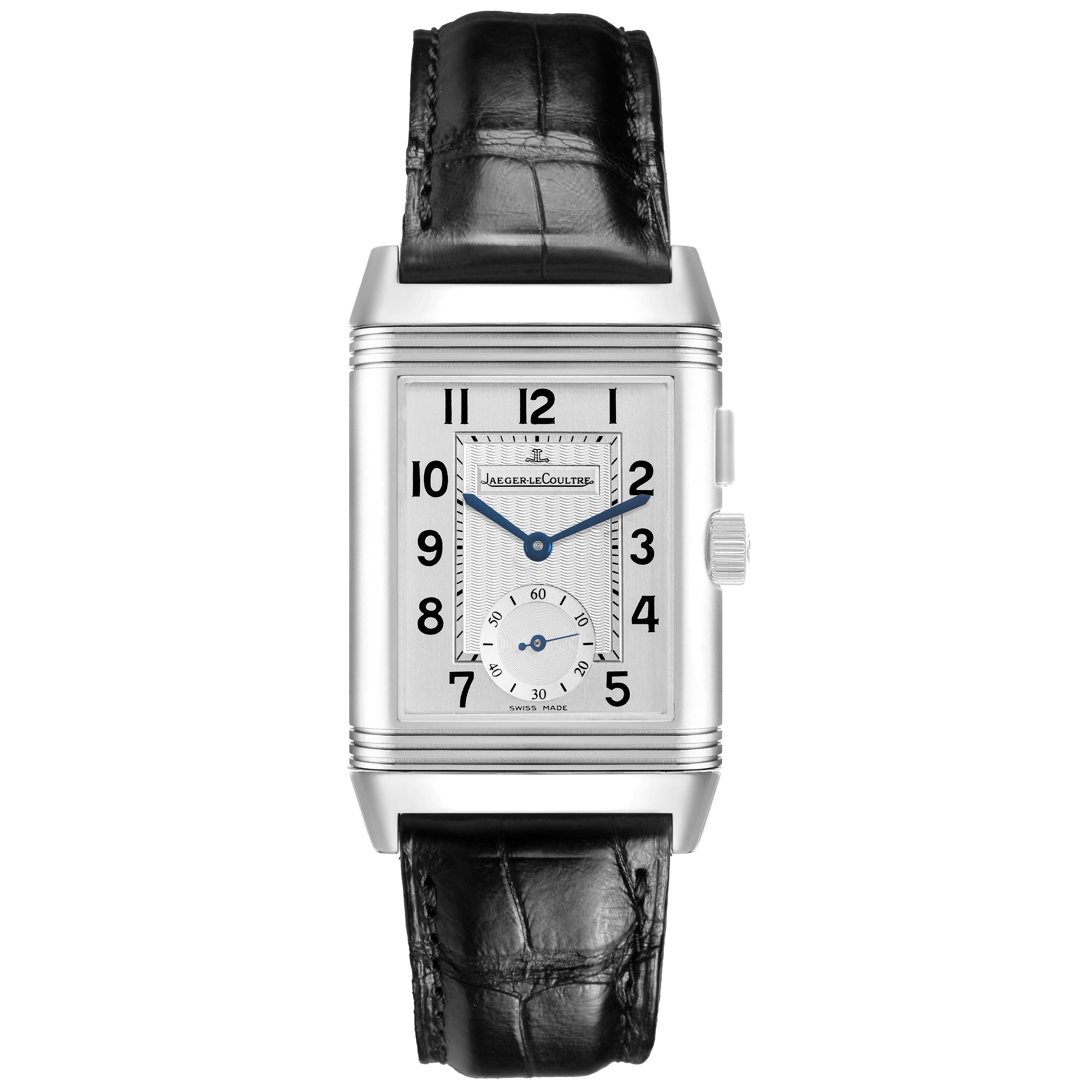 The Jaeger LeCoultre Reverso Q2718411 / 272.8.51 Men's Stainless Steel Silver Dial watch is shown from the front, displaying the face, strap, and crown.