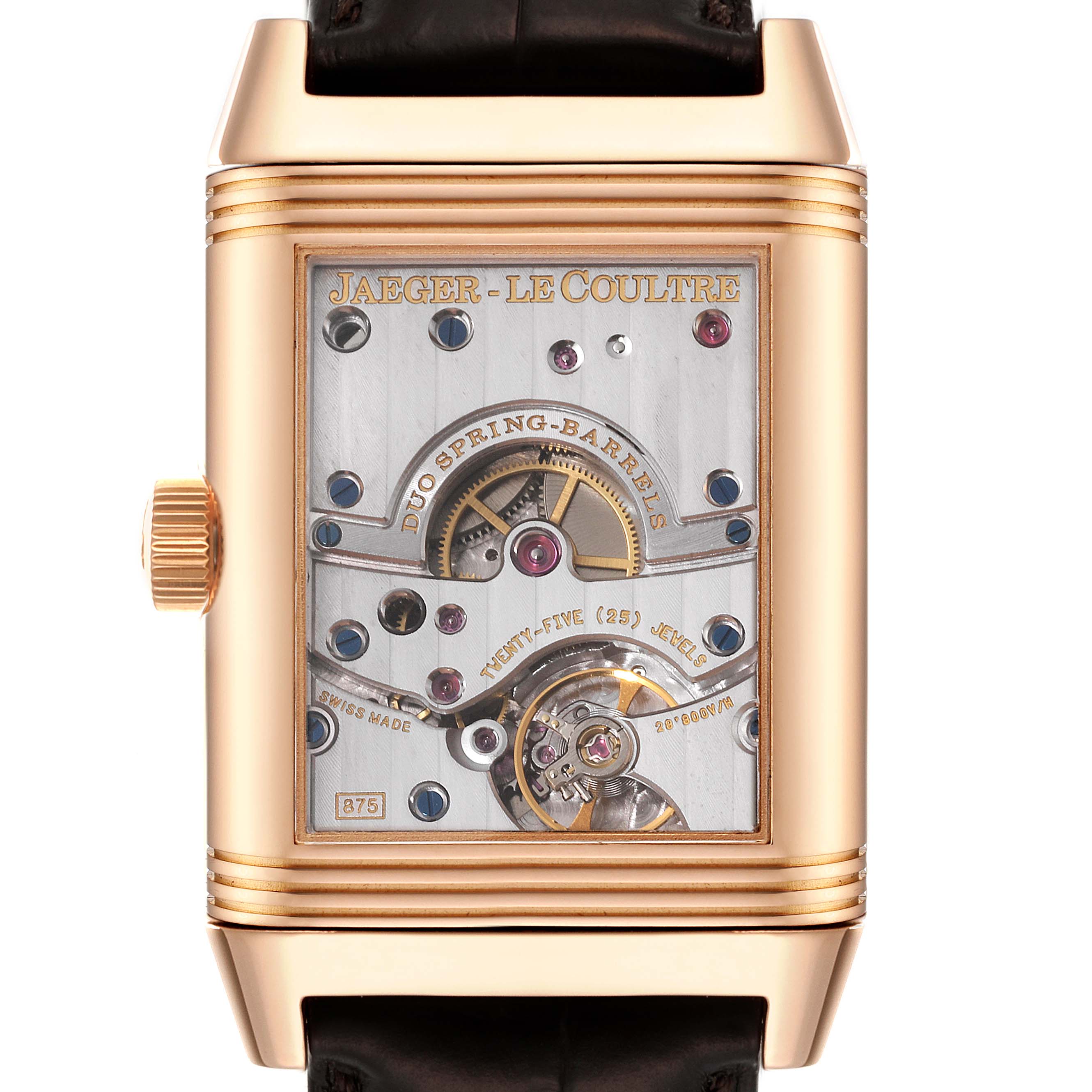 This image shows a Jaeger LeCoultre Reverso Q3002401 Men's Rose Gold Silver Dial Q3002401 Men's Rose Gold Silver Dial watch from a front angle, highlighting its mechanical movement and intricate interior components.