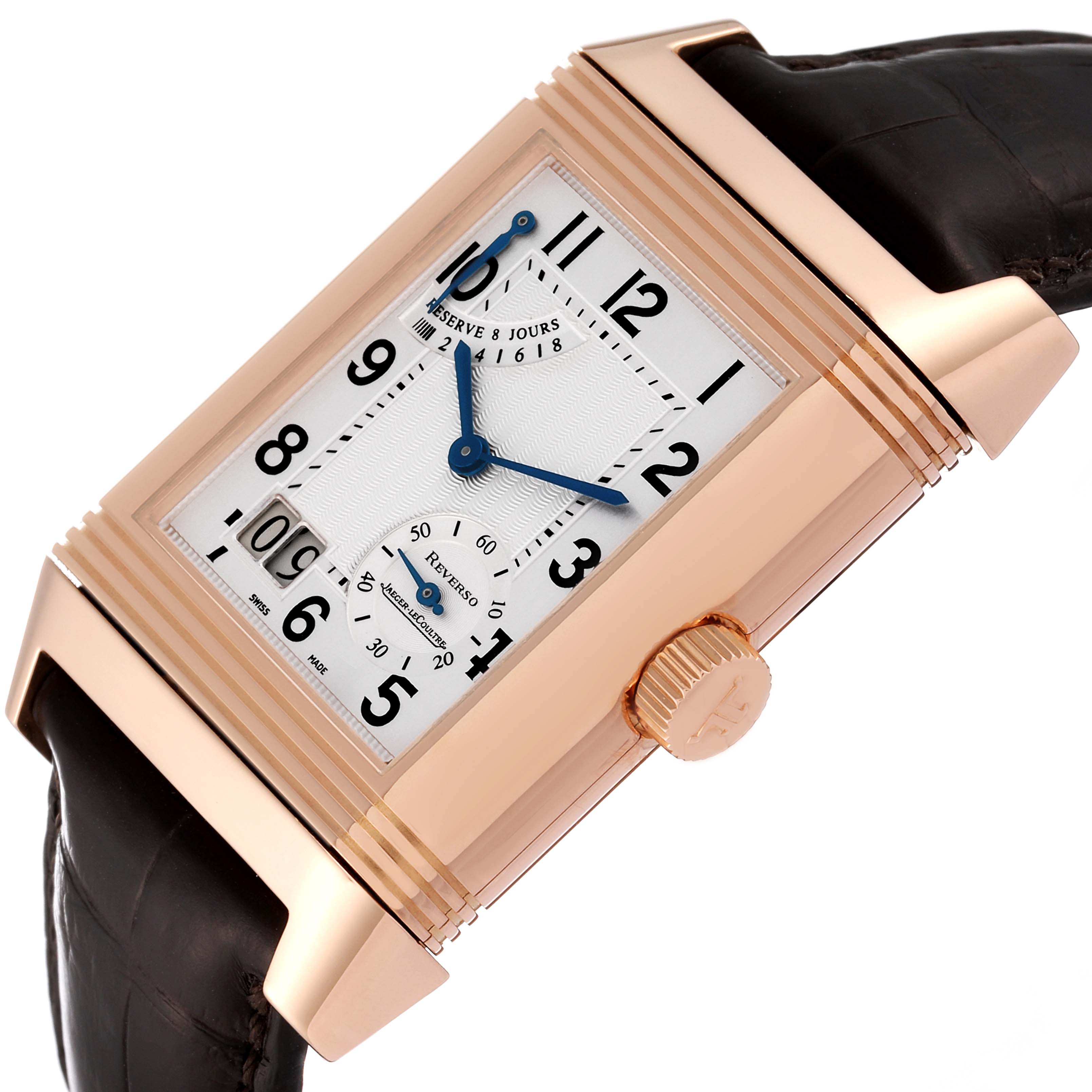The Reverso model by Jaeger LeCoultre is shown at an angle highlighting the dial, crown, and parts of the strap.