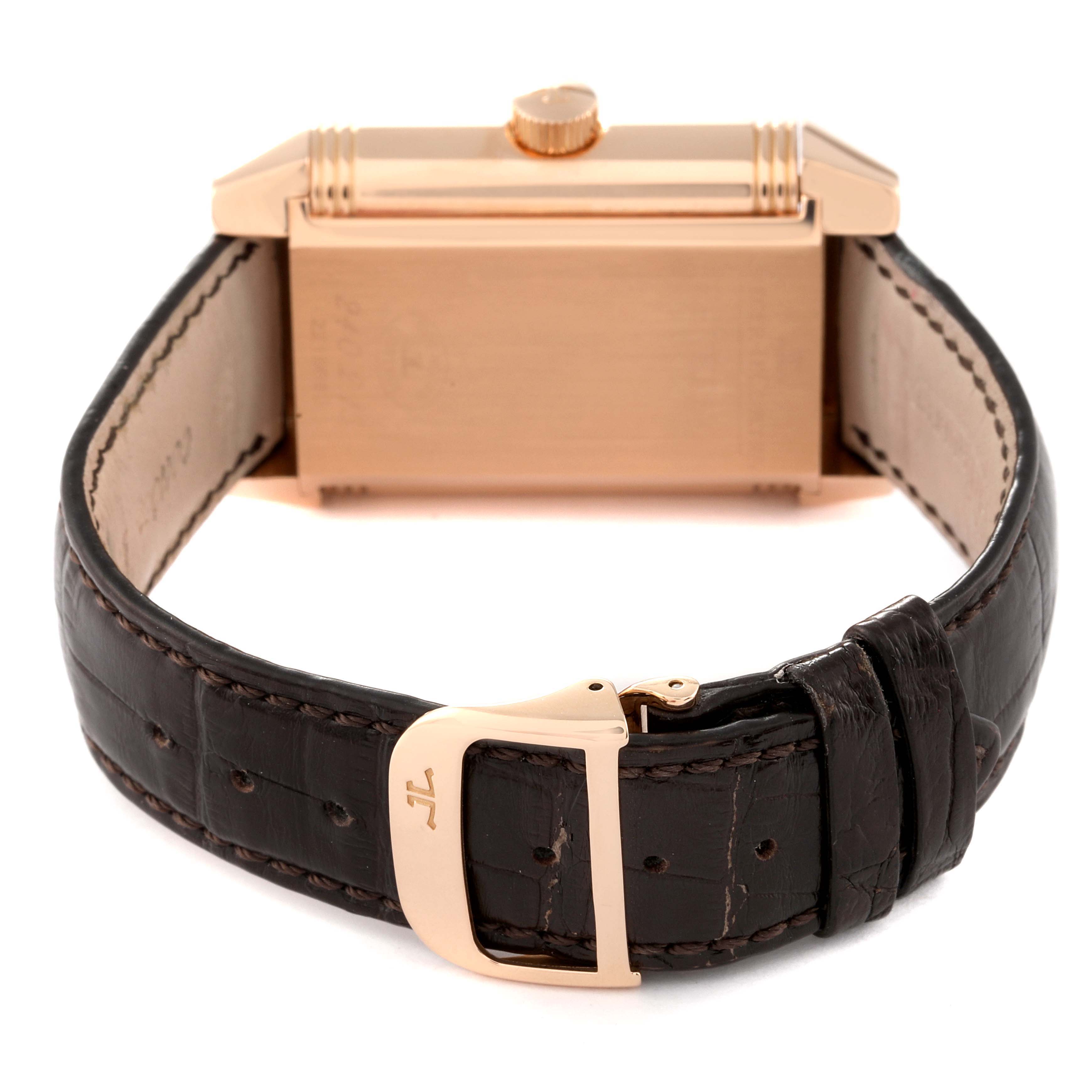This image shows the back view of a Jaeger-LeCoultre Reverso model watch, highlighting the strap and clasp.