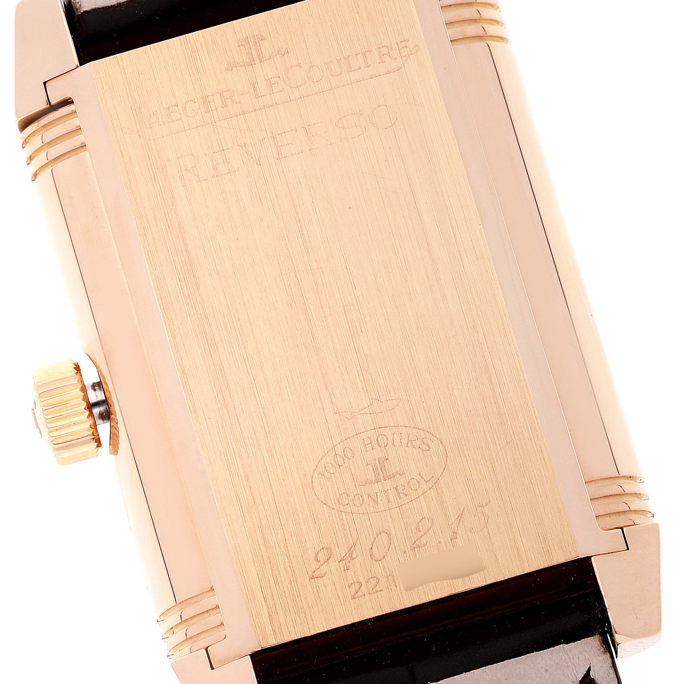This image shows the reverse side of a Jaeger LeCoultre Reverso Q3002401 Men's Rose Gold Silver Dial Q3002401 Men's Rose Gold Silver Dial watch, highlighting the case back and crown.