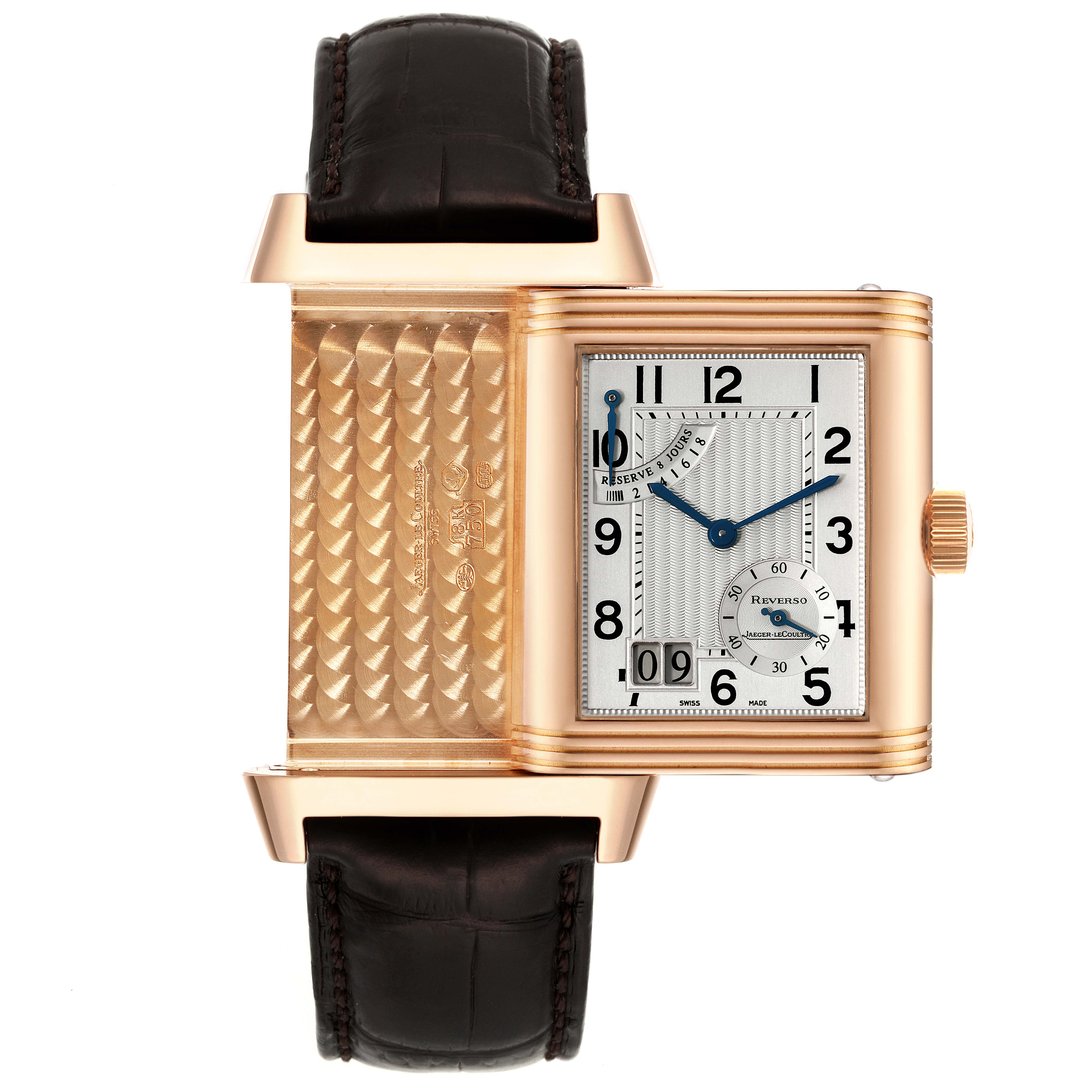 The image shows the Jaeger LeCoultre Reverso Q3002401 Men's Rose Gold Silver Dial Q3002401 Men's Rose Gold Silver Dial watch partially flipped to reveal both the watch face and the engraved case back.
