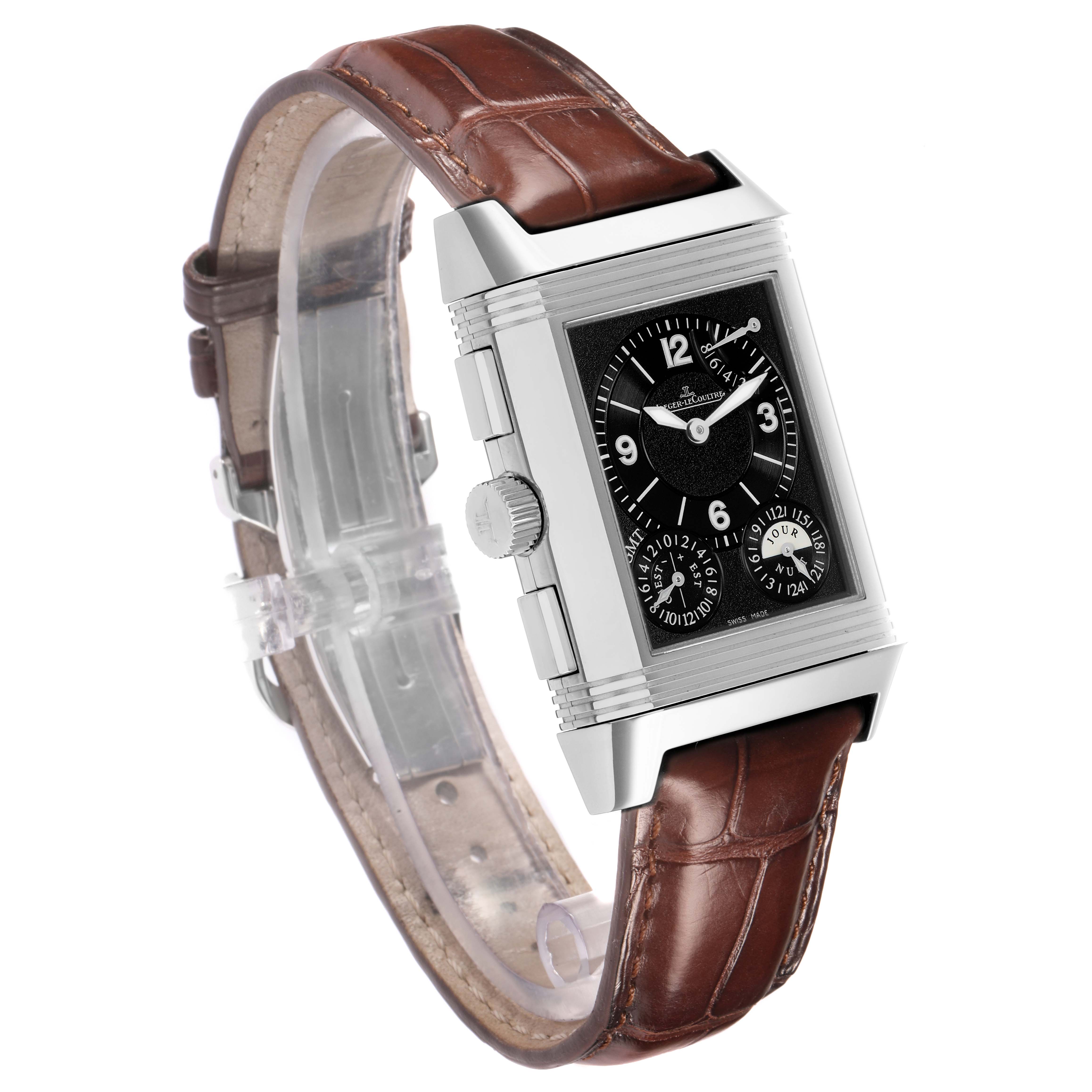 The Jaeger LeCoultre Reverso Q3028420 Men's Stainless Steel Silver Dial model is shown at a three-quarter angle, displaying its rectangular case, dial, and leather strap.