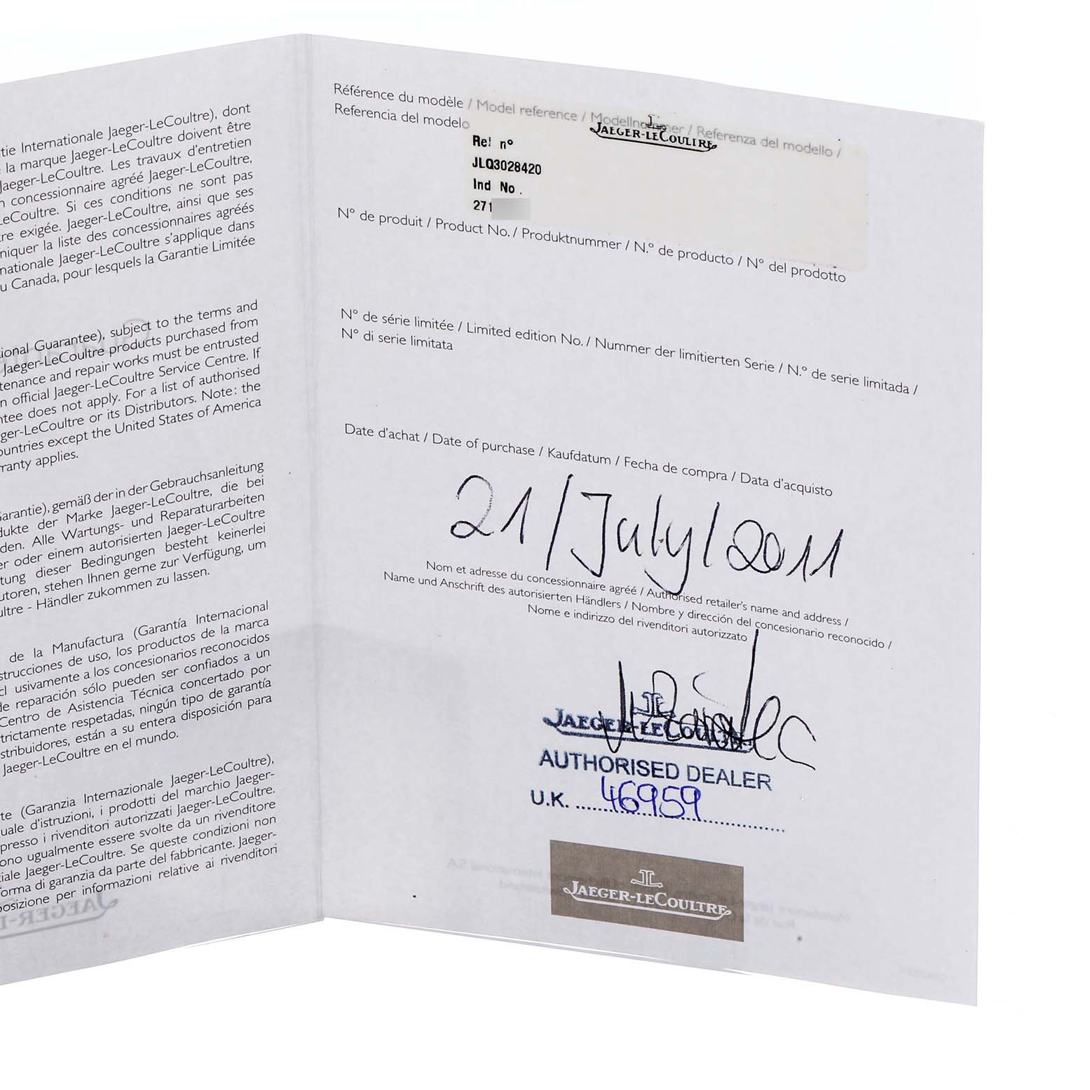 The image shows warranty papers for the Jaeger LeCoultre Reverso Q3028420 Men's Stainless Steel Silver Dial watch, including model and dealer information.