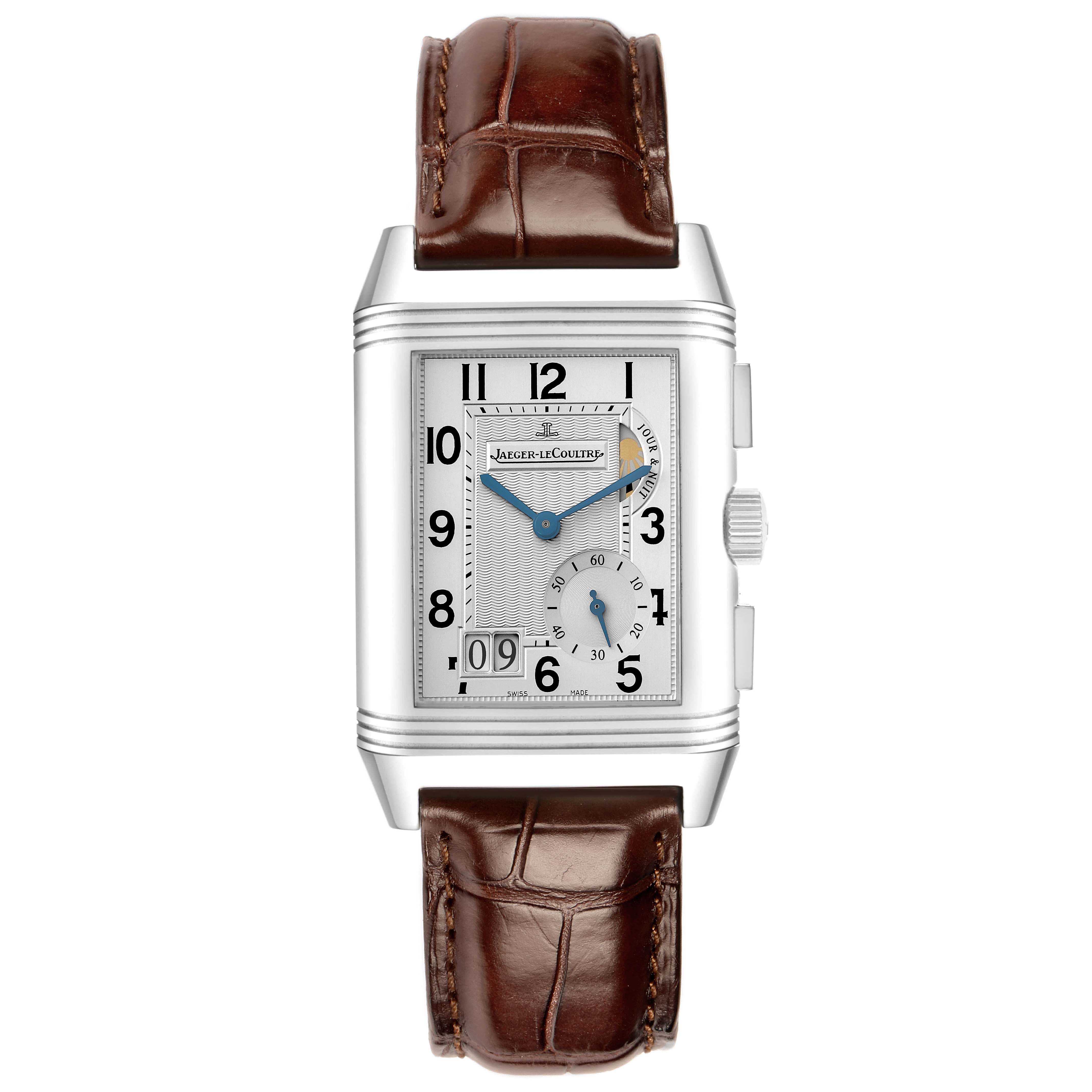 The Jaeger LeCoultre Reverso Q3028420 Men's Stainless Steel Silver Dial watch is shown from the front, displaying the dial, numerals, hands, case, and leather strap.