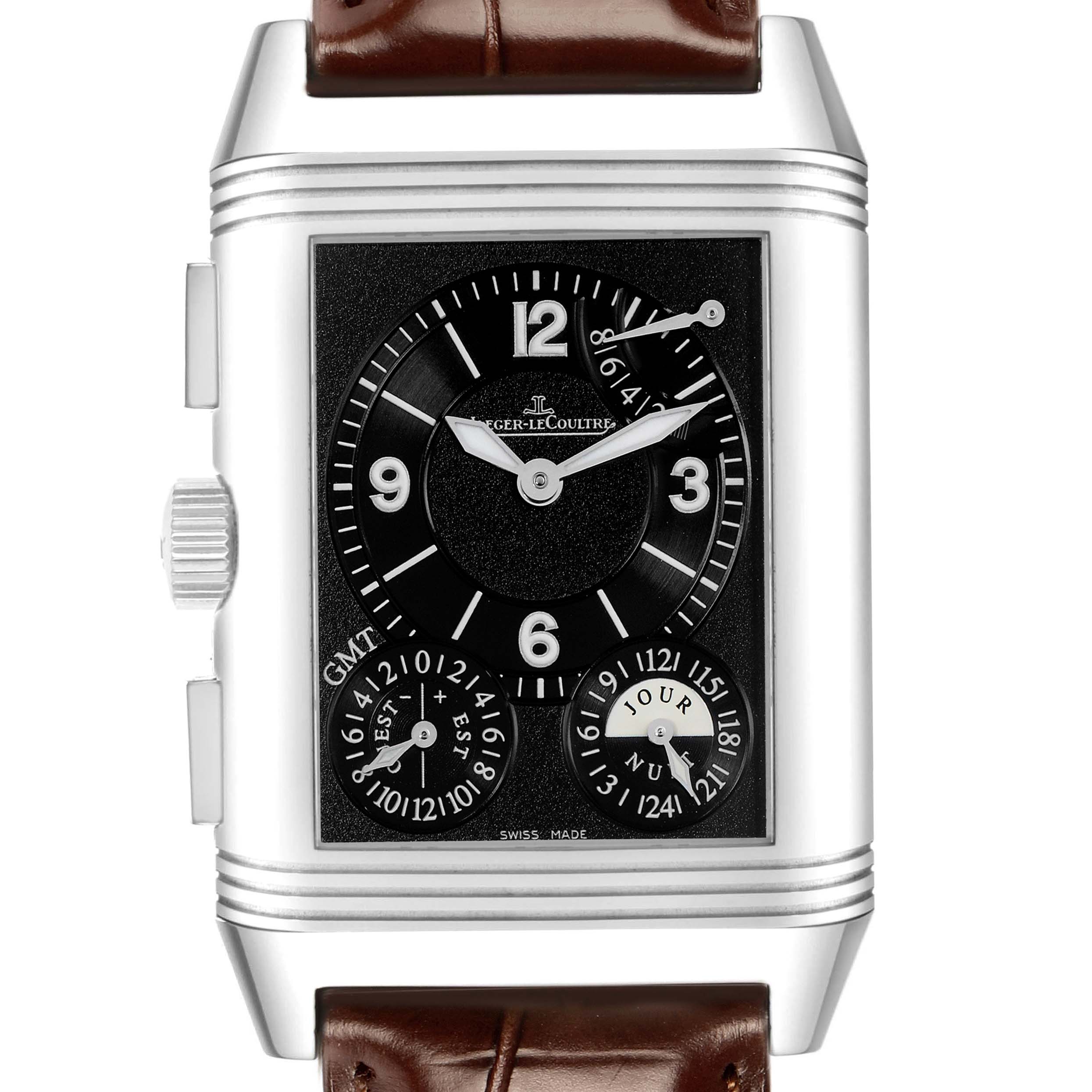 The Jaeger-LeCoultre Reverso watch is shown from the front, highlighting the face, sub-dials, and leather strap.